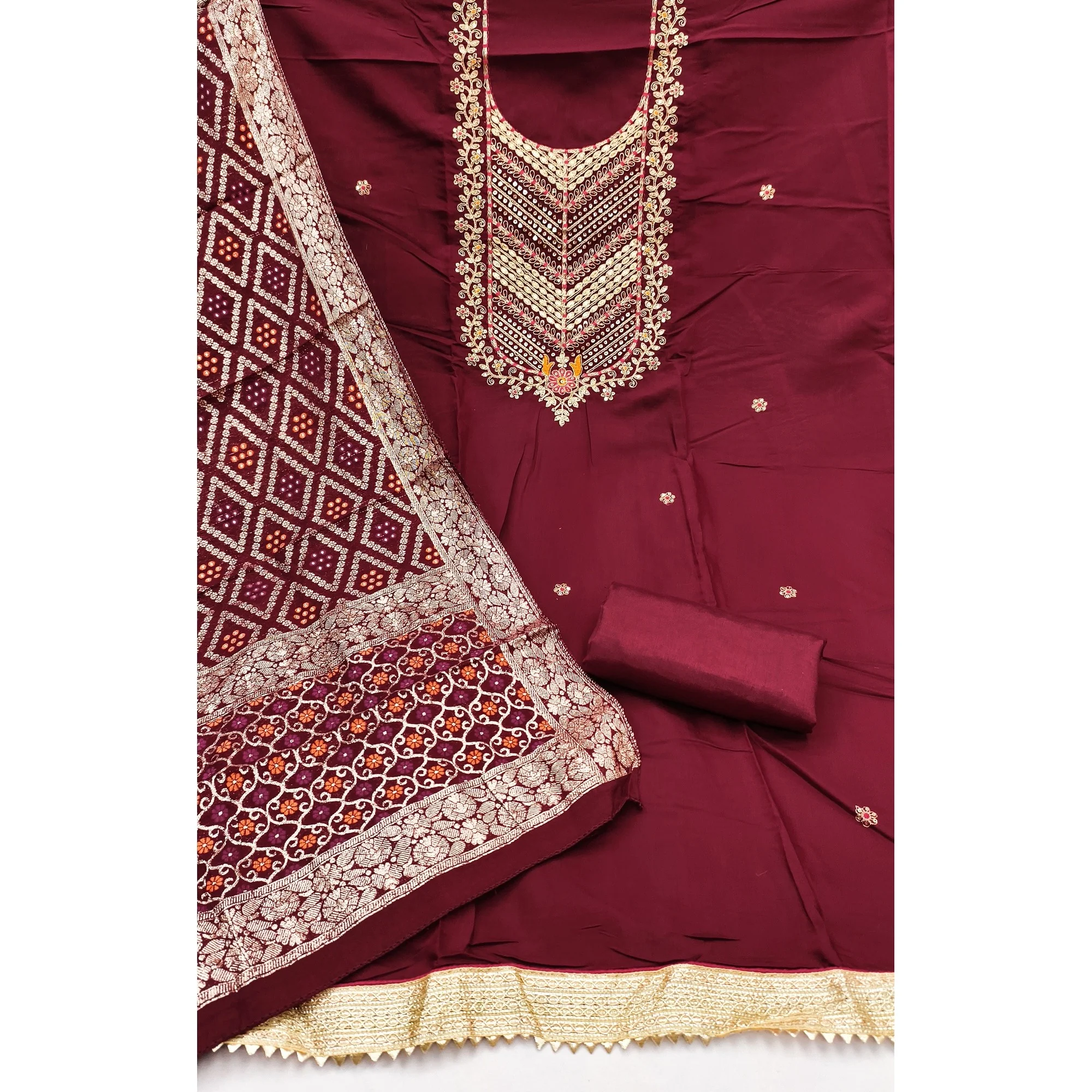 Graceful Maroon Cotton Silk Dress Material With Floral Cording Embroidery & Sparkling Sequins - Image 3
