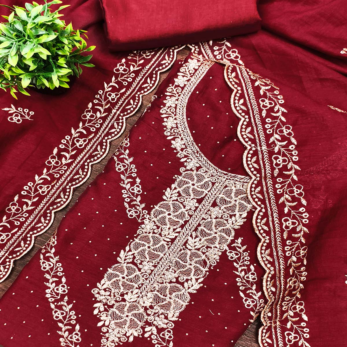 Graceful Maroon Floral Embroidered Vichitra Silk Dress Material Enhanced With Sparkling Swarovski - Image 2