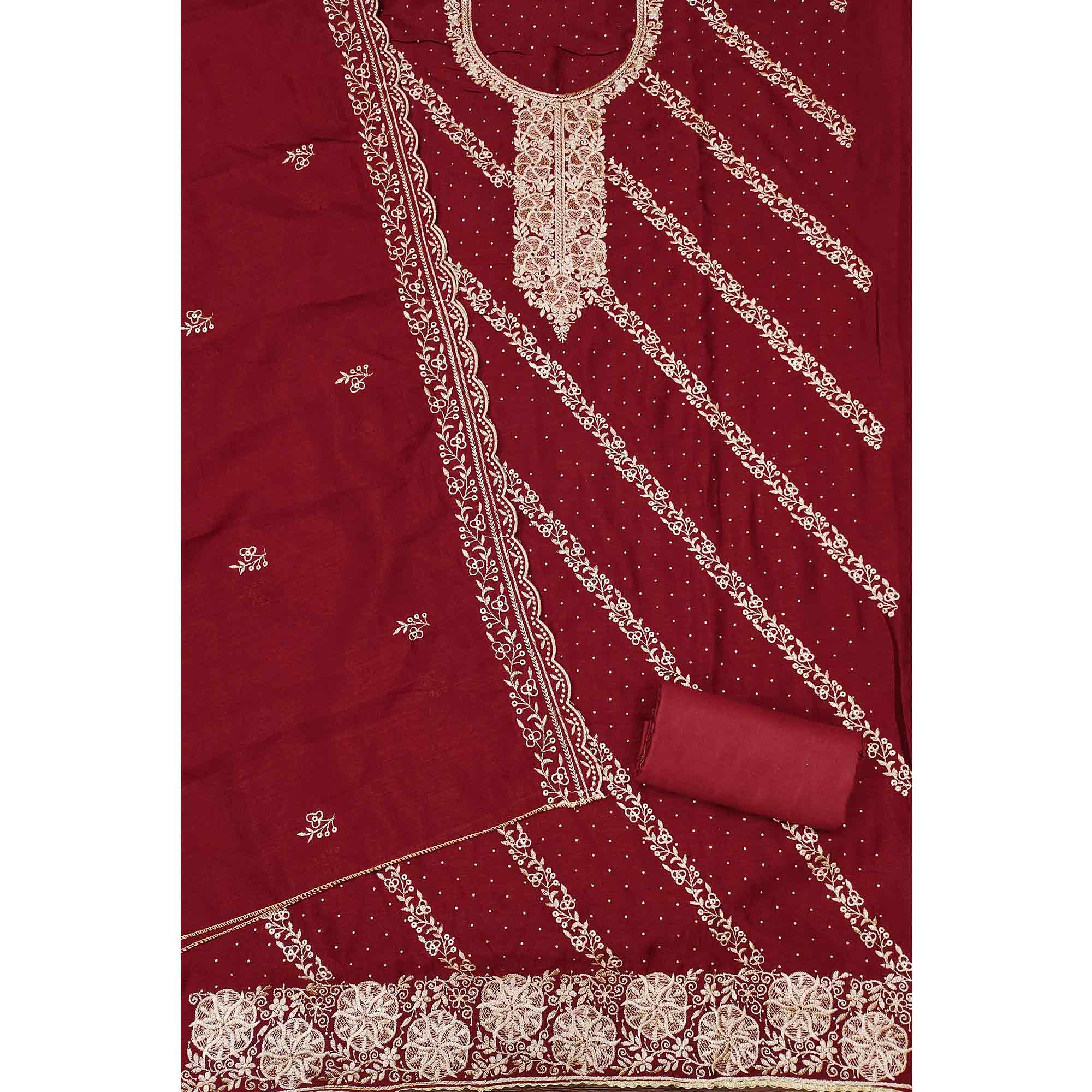 Graceful Maroon Floral Embroidered Vichitra Silk Dress Material Enhanced With Sparkling Swarovski - Image 3