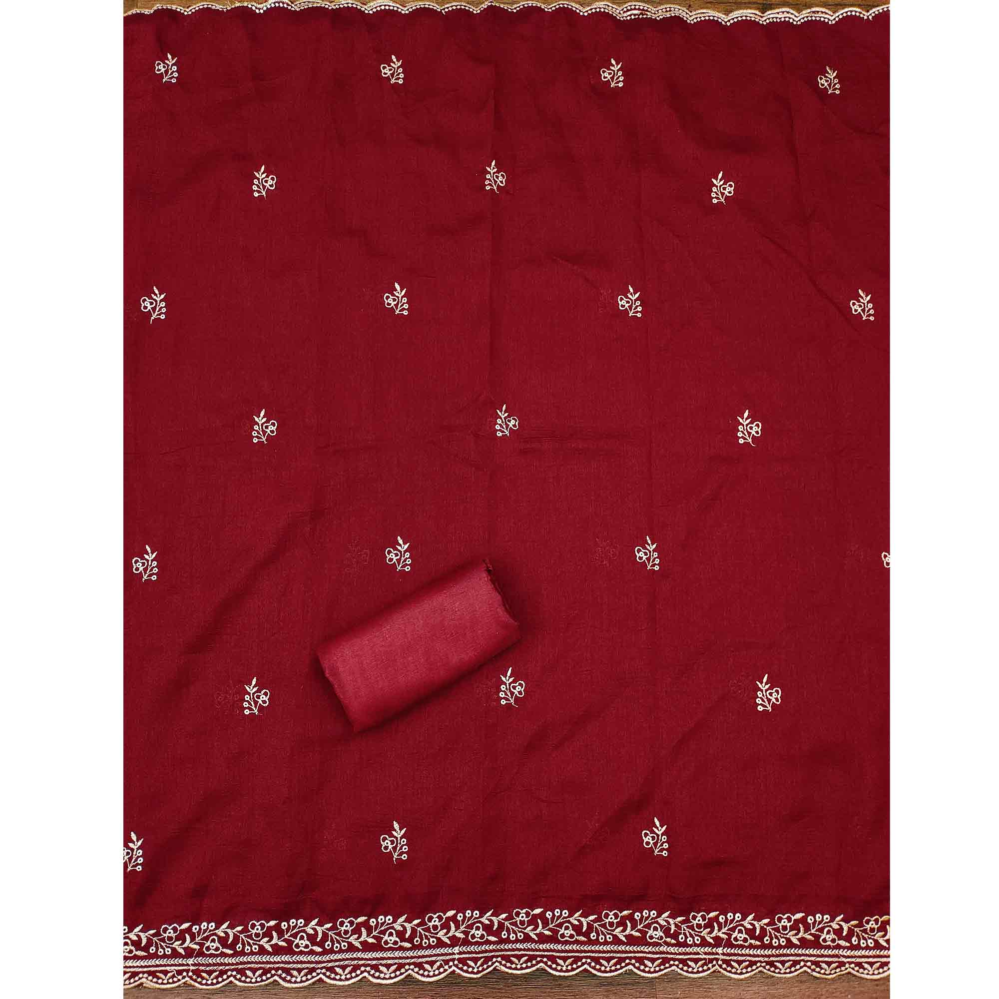 Graceful Maroon Floral Embroidered Vichitra Silk Dress Material Enhanced With Sparkling Swarovski - Image 4