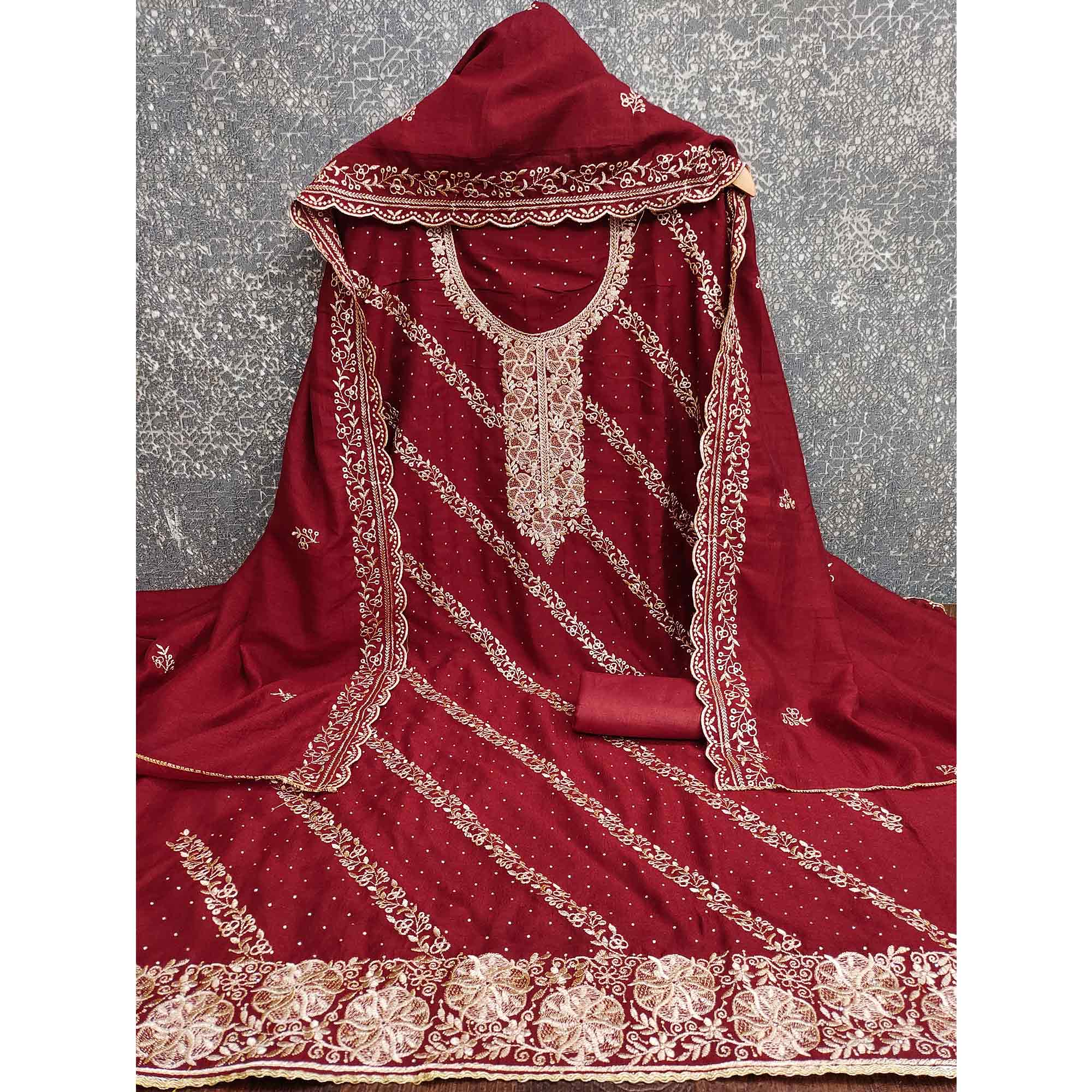 Graceful Maroon Floral Embroidered Vichitra Silk Dress Material Enhanced With Sparkling Swarovski - Image 5