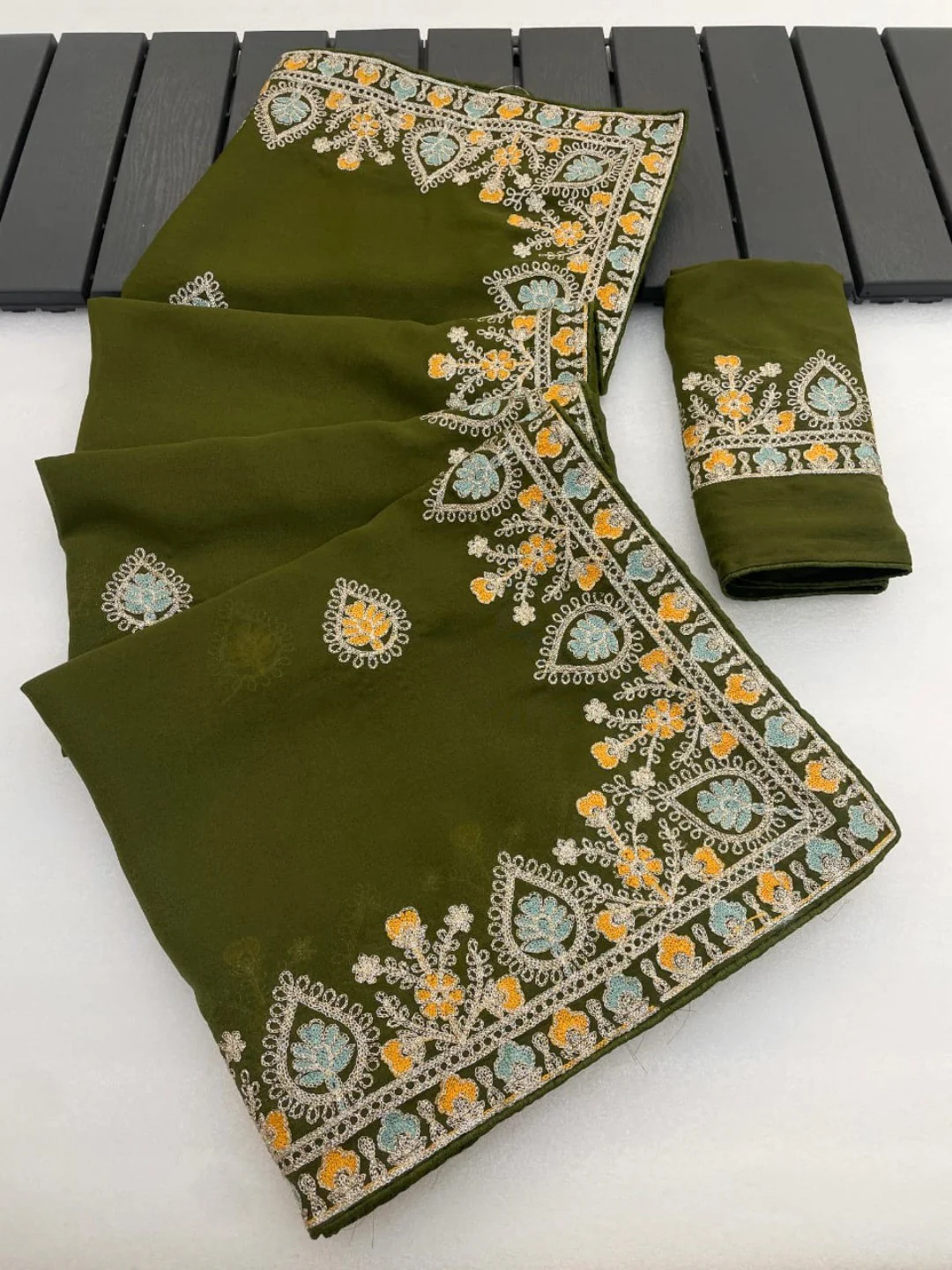 Graceful Mehendi Green Georgette Silk Saree with Premium Embroidered Work & Blouse - Image 7