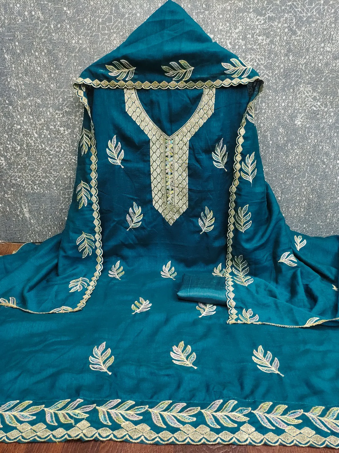 Graceful Morpich Blue Leaf Motif Embroidered Vichitra Silk Dress Material With Intricate Detailing - Image 2
