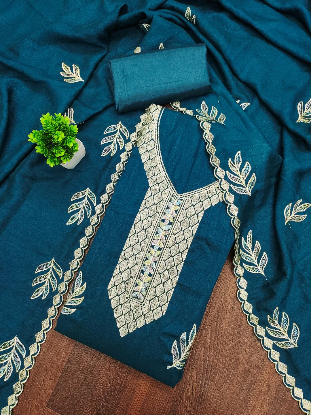 Graceful Morpich Blue Leaf Motif Embroidered Vichitra Silk Dress Material With Intricate Detailing - Image 3
