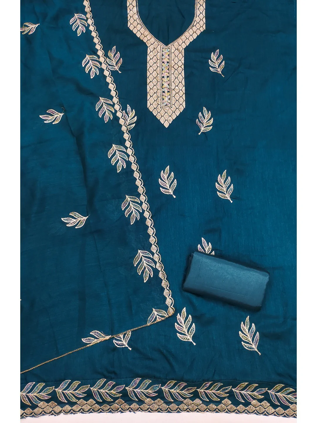 Graceful Morpich Blue Leaf Motif Embroidered Vichitra Silk Dress Material With Intricate Detailing - Image 4