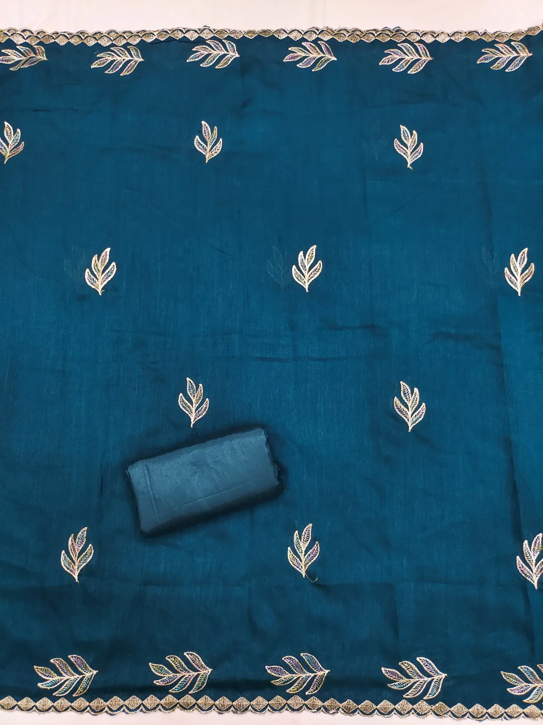 Graceful Morpich Blue Leaf Motif Embroidered Vichitra Silk Dress Material With Intricate Detailing - Image 5