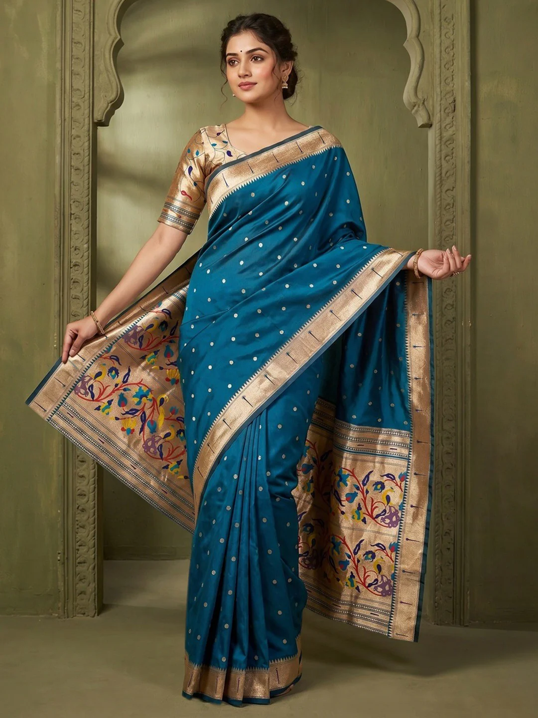Graceful Morpich Blue Paithani Banarasi Silk Saree With Zari Woven Border & Floral Designer Pallu