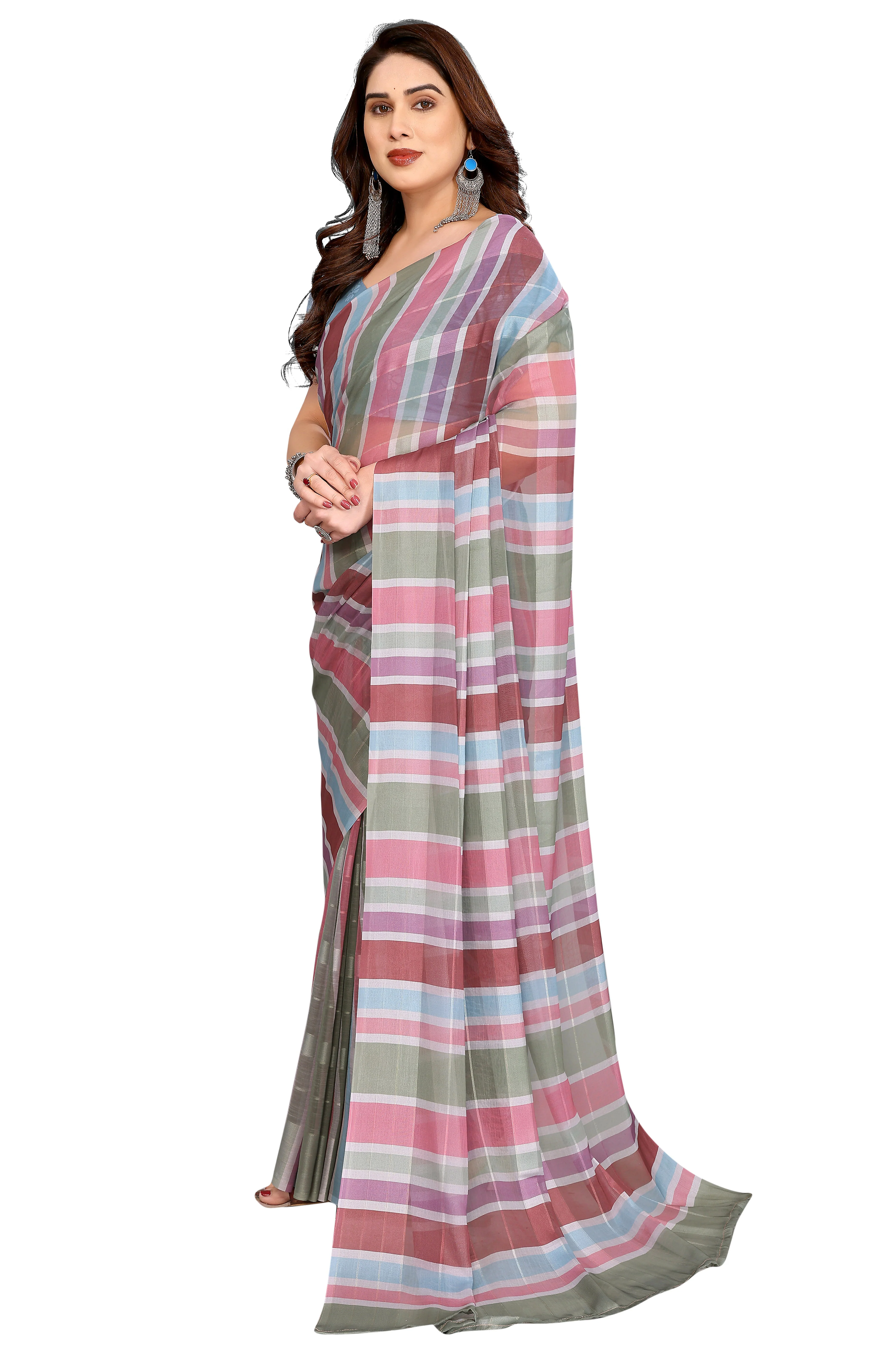 Graceful Multicolor Digital Print Georgette Saree Featuring Zari Work & Vibrant Striped - Image 3