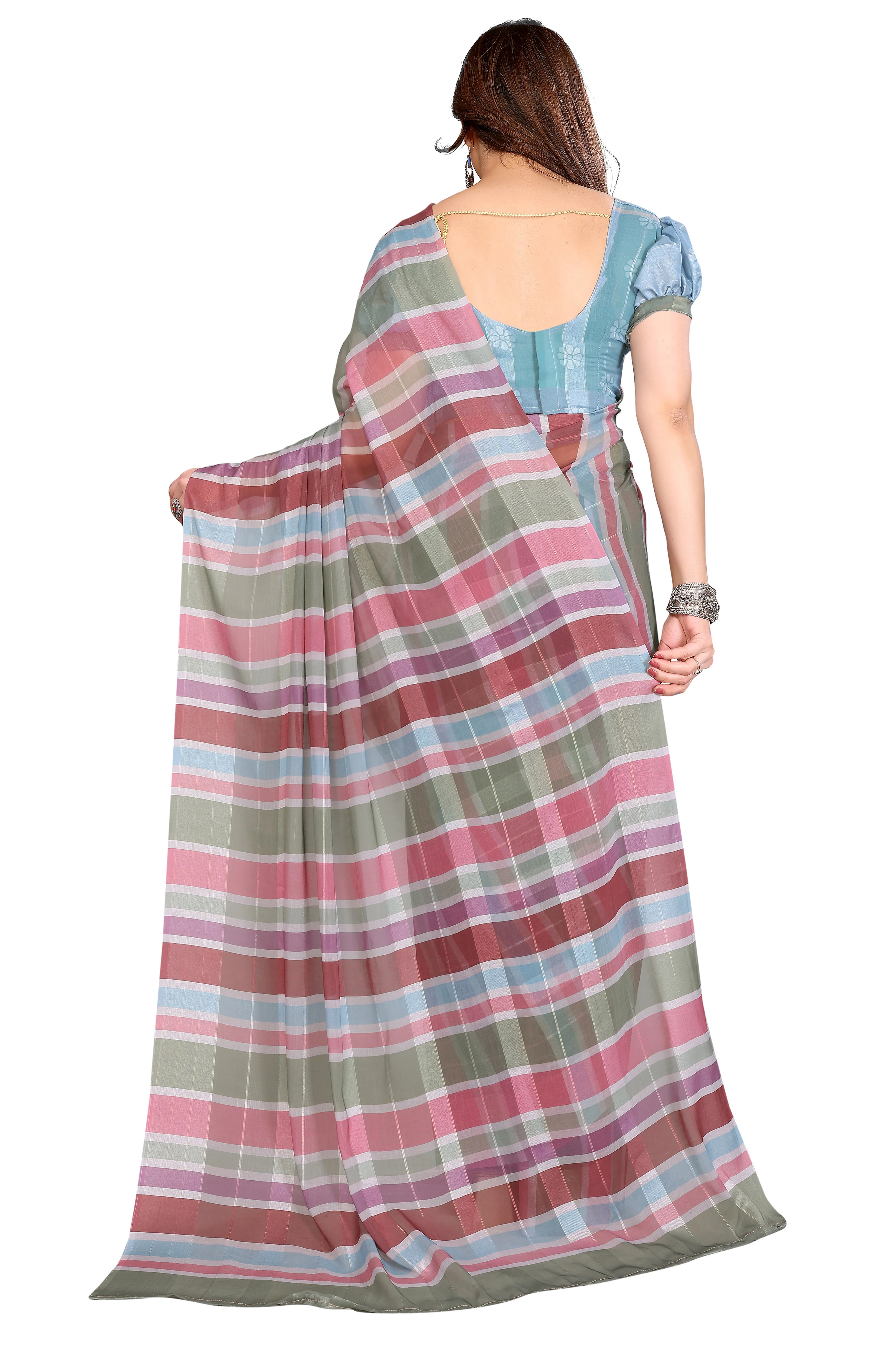 Graceful Multicolor Digital Print Georgette Saree Featuring Zari Work & Vibrant Striped - Image 4