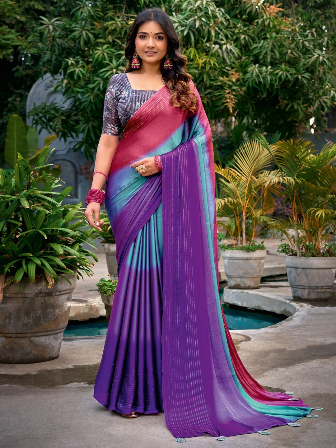 Graceful Multicolor Ombre Chiffon Saree With Stylish Latkan Tassel Pallu & Zari Work