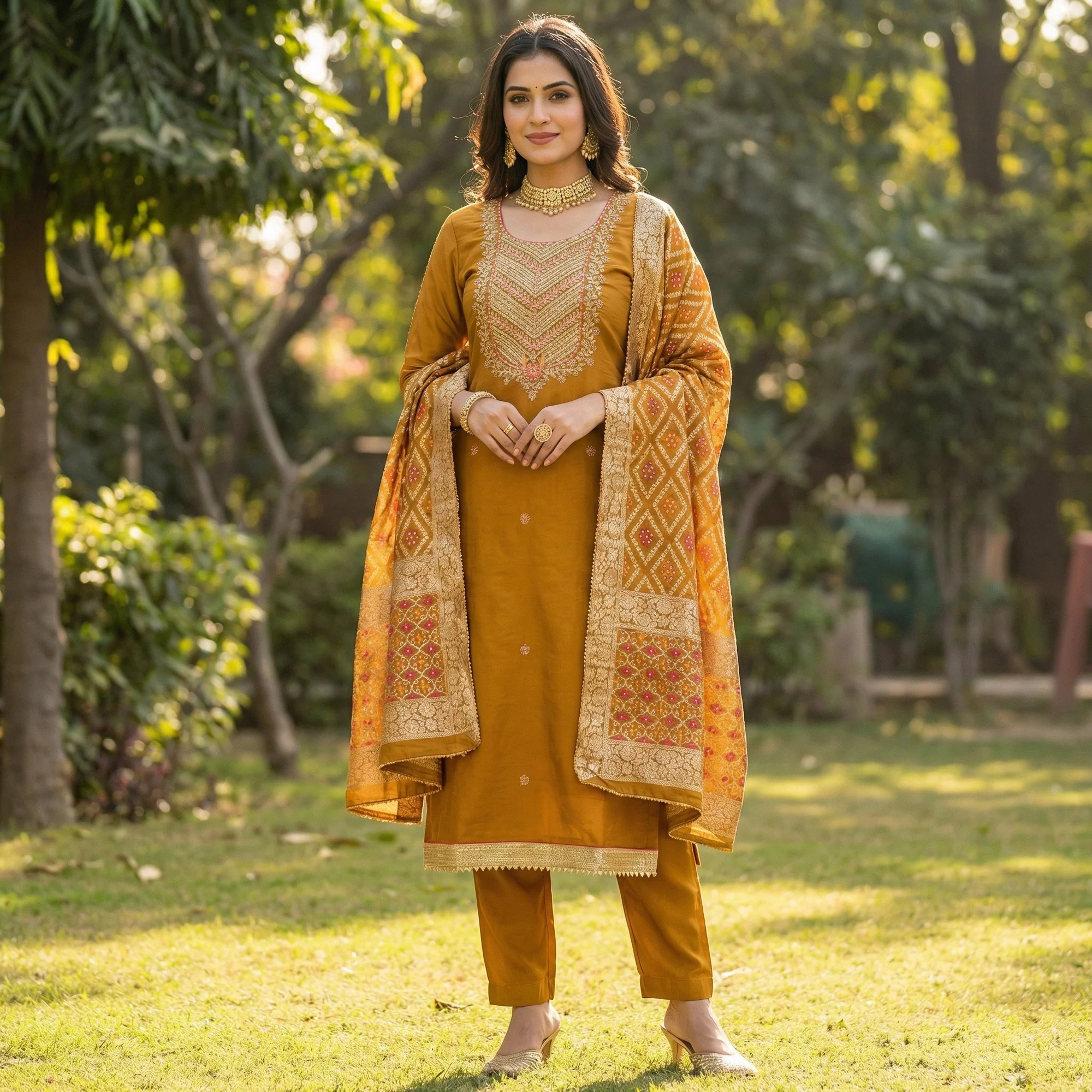 Graceful Mustard Cotton Silk Dress Material With Floral Cording Embroidery & Sparkling Sequins