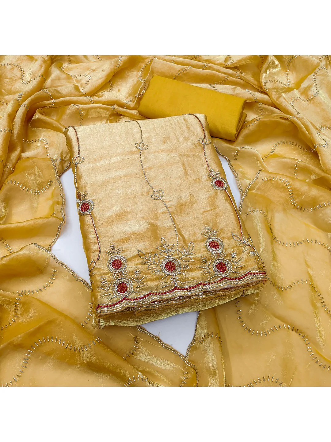 Graceful Mustard Floral Beads Embroidery Work Fendy Silk Blend Dress Material - Image 3