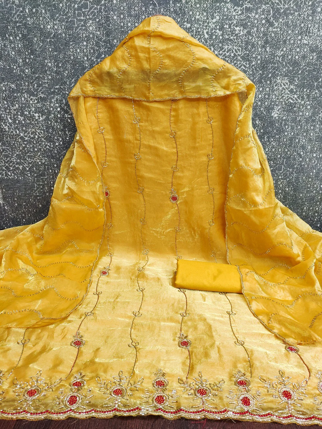 Graceful Mustard Floral Beads Embroidery Work Fendy Silk Blend Dress Material - Image 4