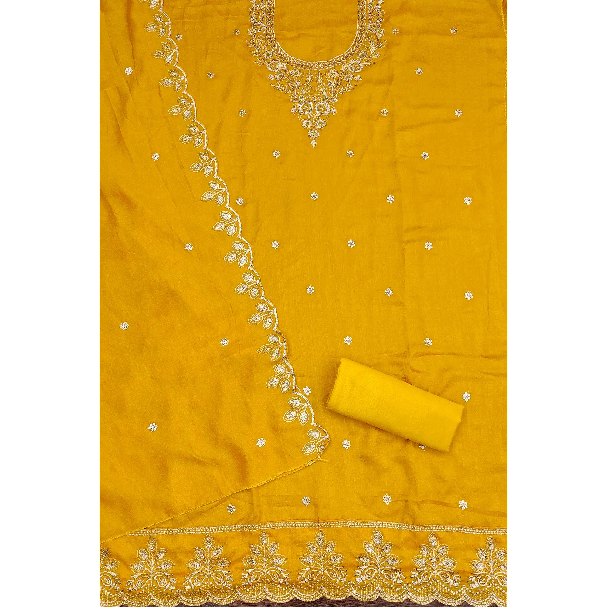 Graceful Mustard Floral Embroidered Vichitra Silk Dress Material Enhanced With Diamond Work - Image 4