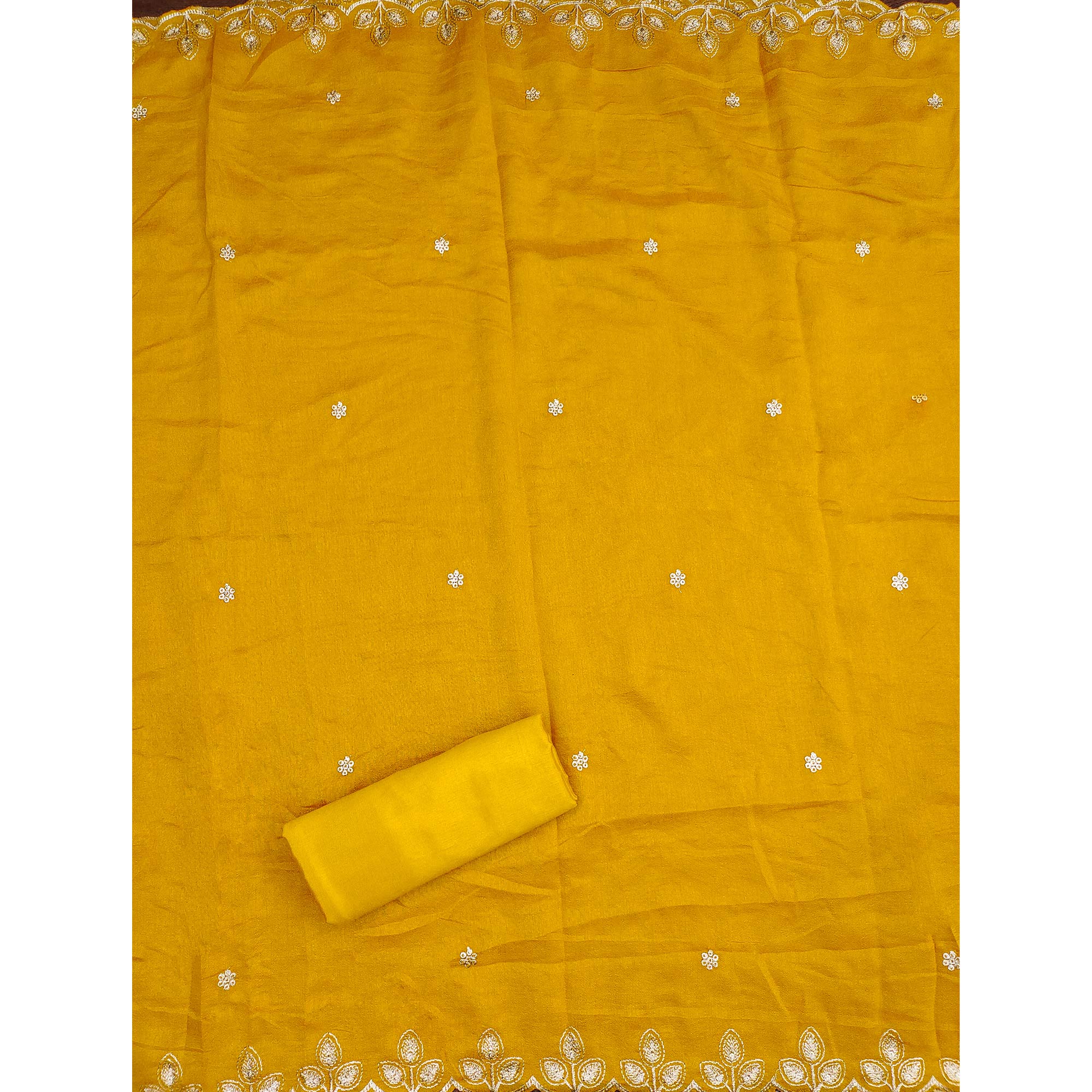Graceful Mustard Floral Embroidered Vichitra Silk Dress Material Enhanced With Diamond Work - Image 5
