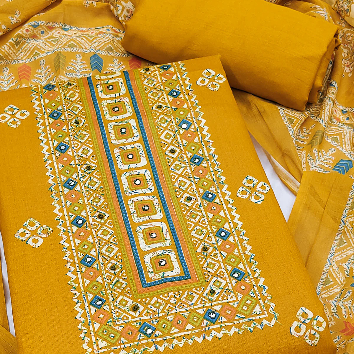Graceful Mustard Floral Printed Pure Cotton Dress Material With Elegant Neck Embroidery Work - Image 2