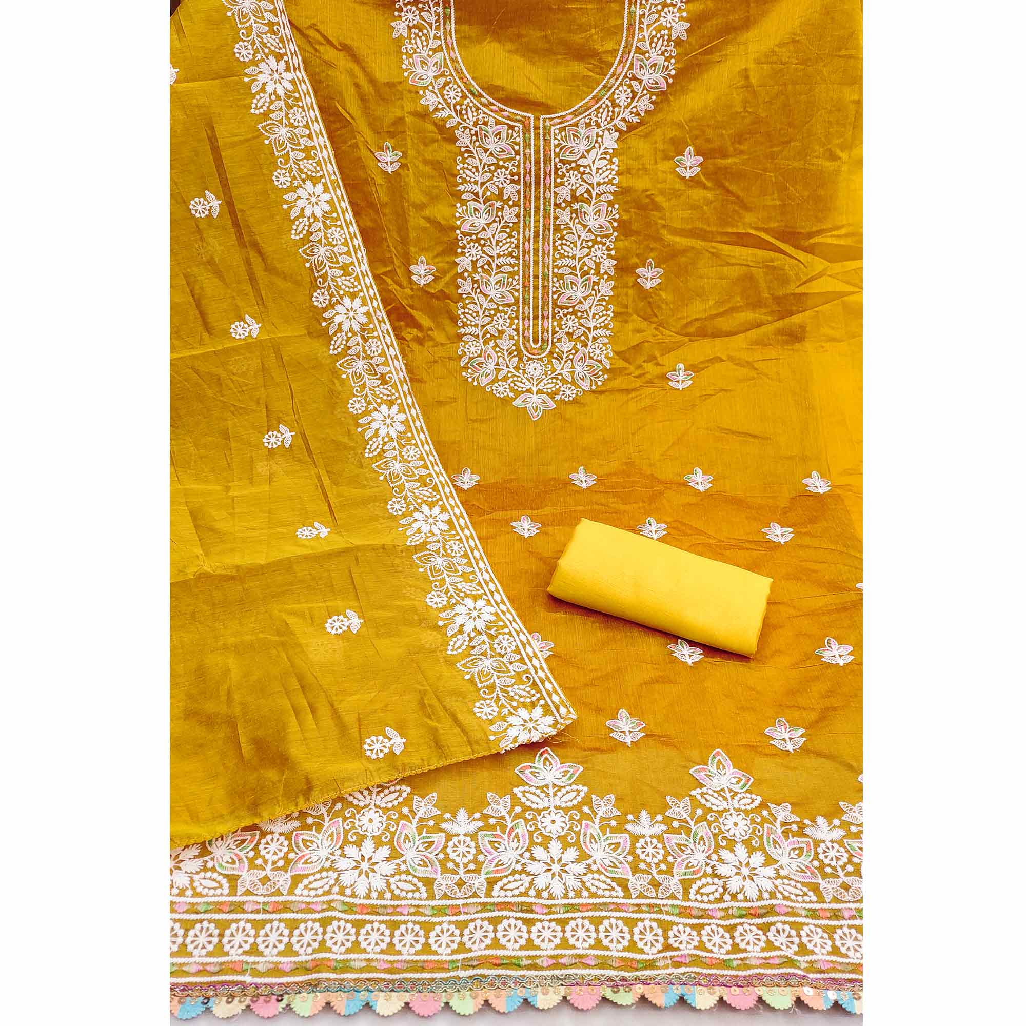 Graceful Mustard Floral Thread Embroidery Chanderi Silk Designer Dress Material - Image 2