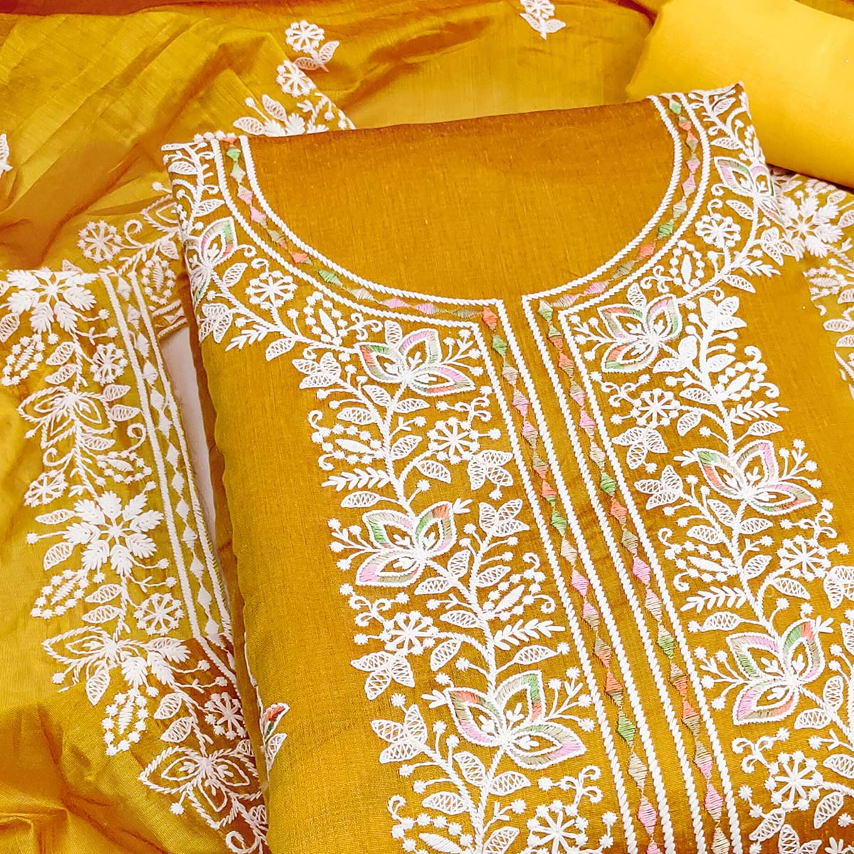 Graceful Mustard Floral Thread Embroidery Chanderi Silk Designer Dress Material - Image 3