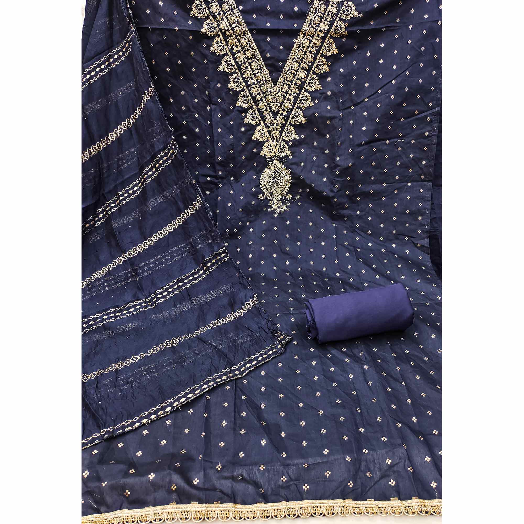 Graceful Navy Blue Butti Motif Chanderi Silk Dress Material Featuring Floral Cording Embroidery Work - Image 2