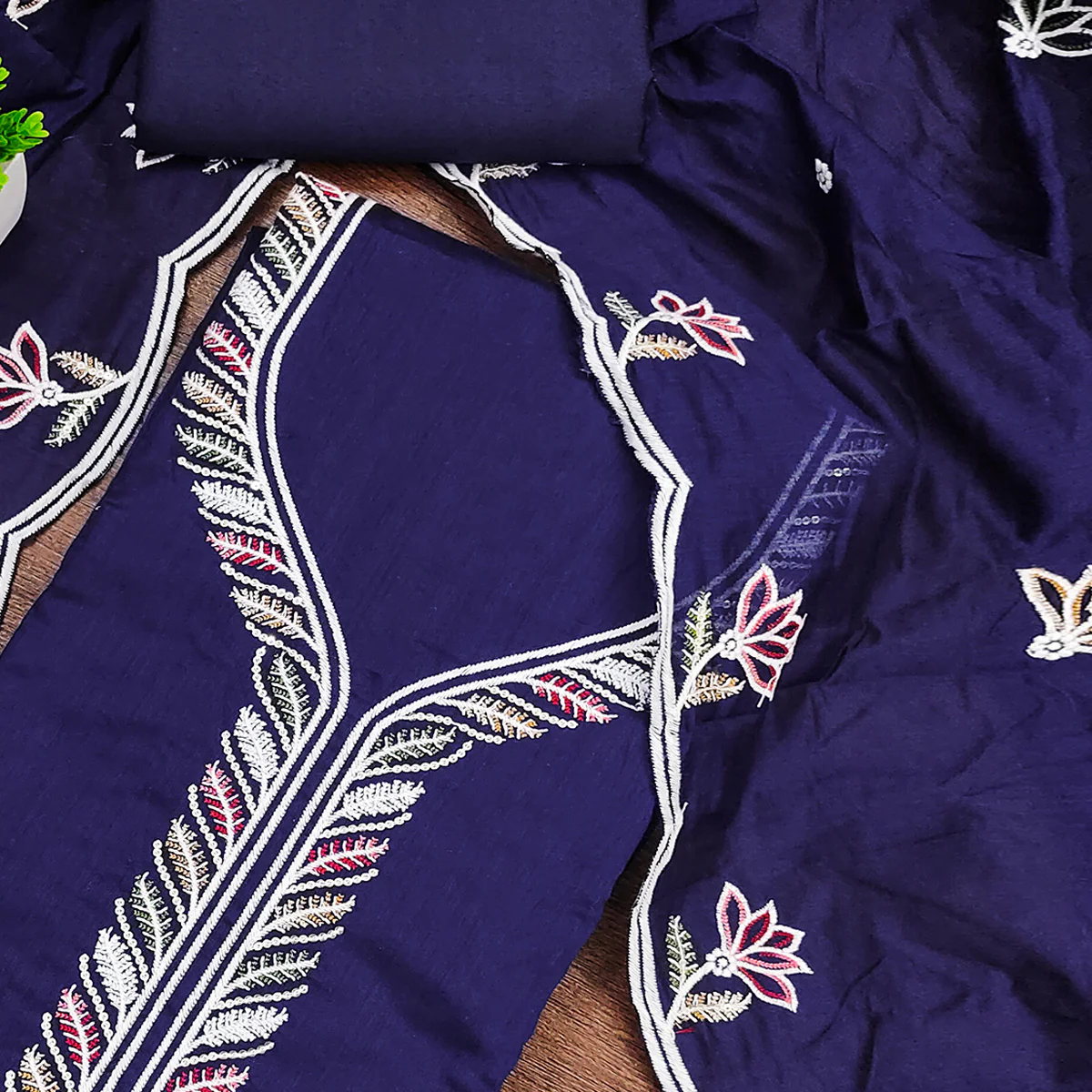 Graceful Navy Blue Chanderi Cotton Dress Material With Floral Thread Embroidery & Sequins Work - Image 2
