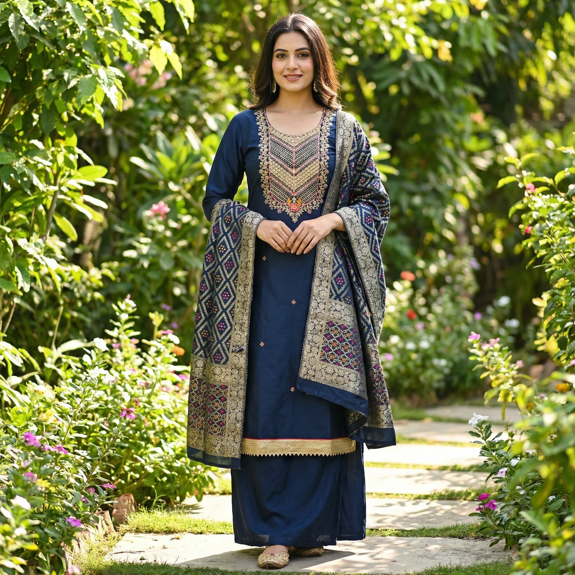 Graceful Navy Blue Cotton Silk Dress Material With Floral Cording Embroidery & Sparkling Sequins