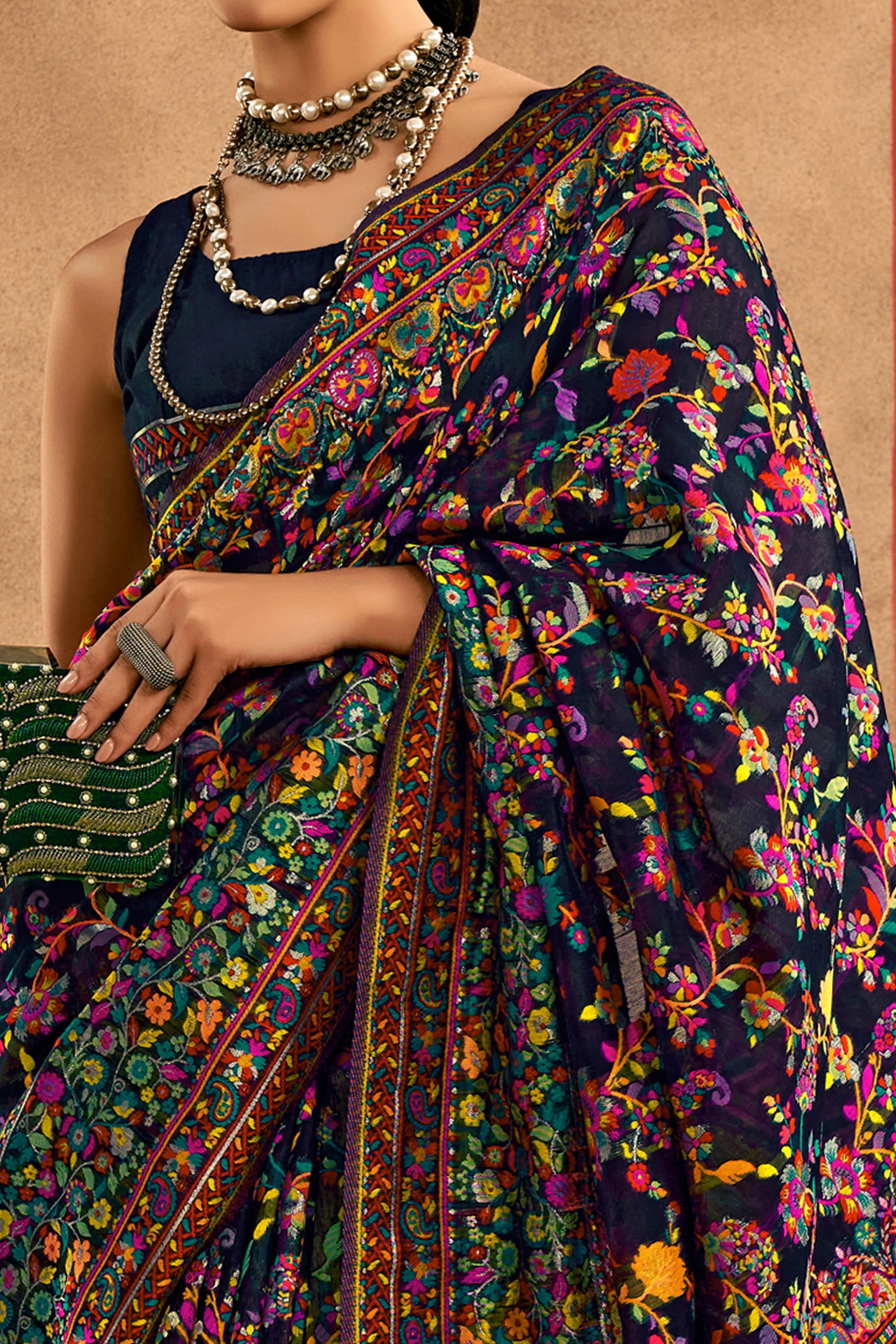 Graceful Navy Blue Floral Weaving Pashmina Modal Cotton Blend Saree With Timeless Appeal - Image 2