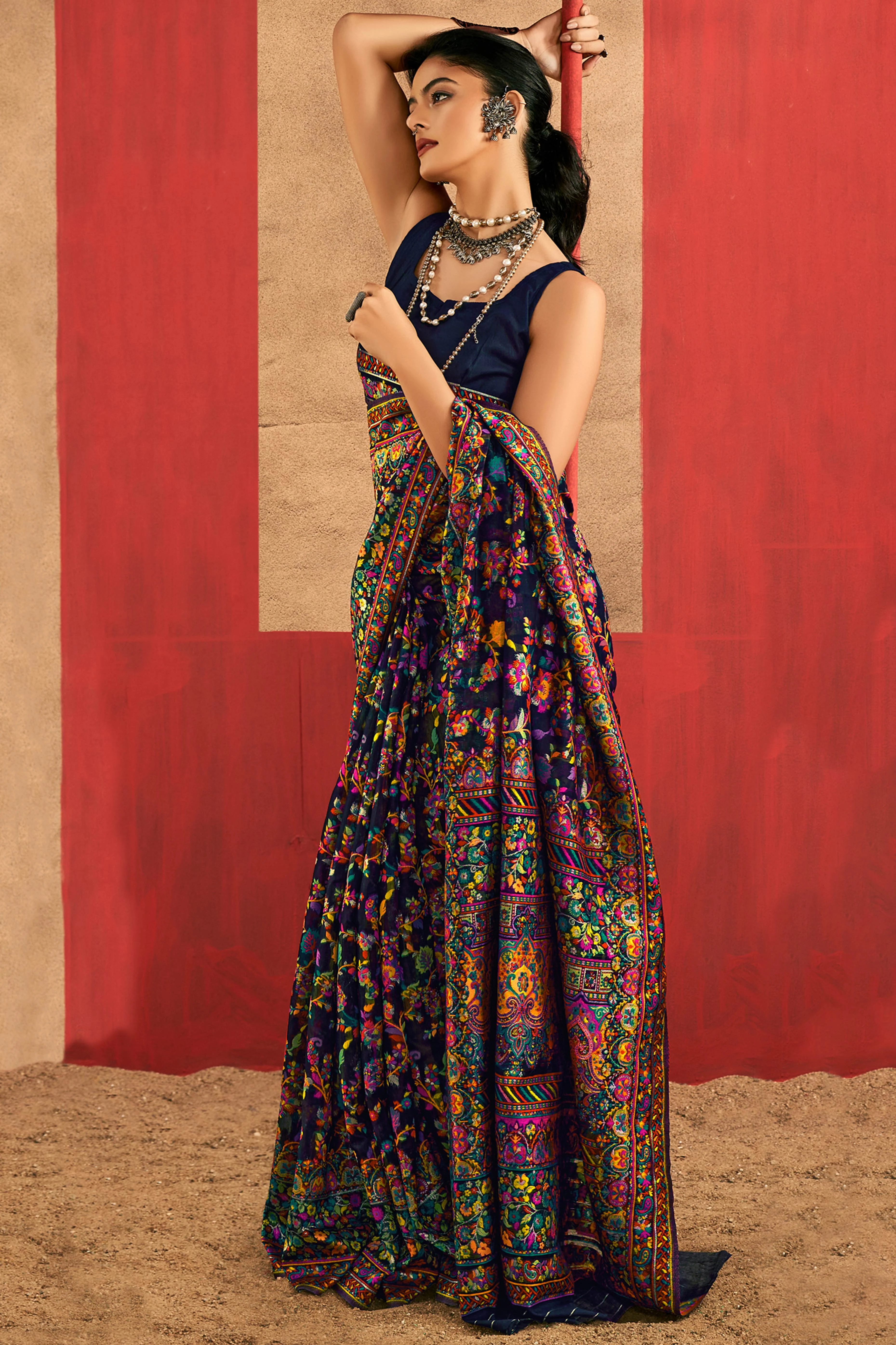 Graceful Navy Blue Floral Weaving Pashmina Modal Cotton Blend Saree With Timeless Appeal - Image 3