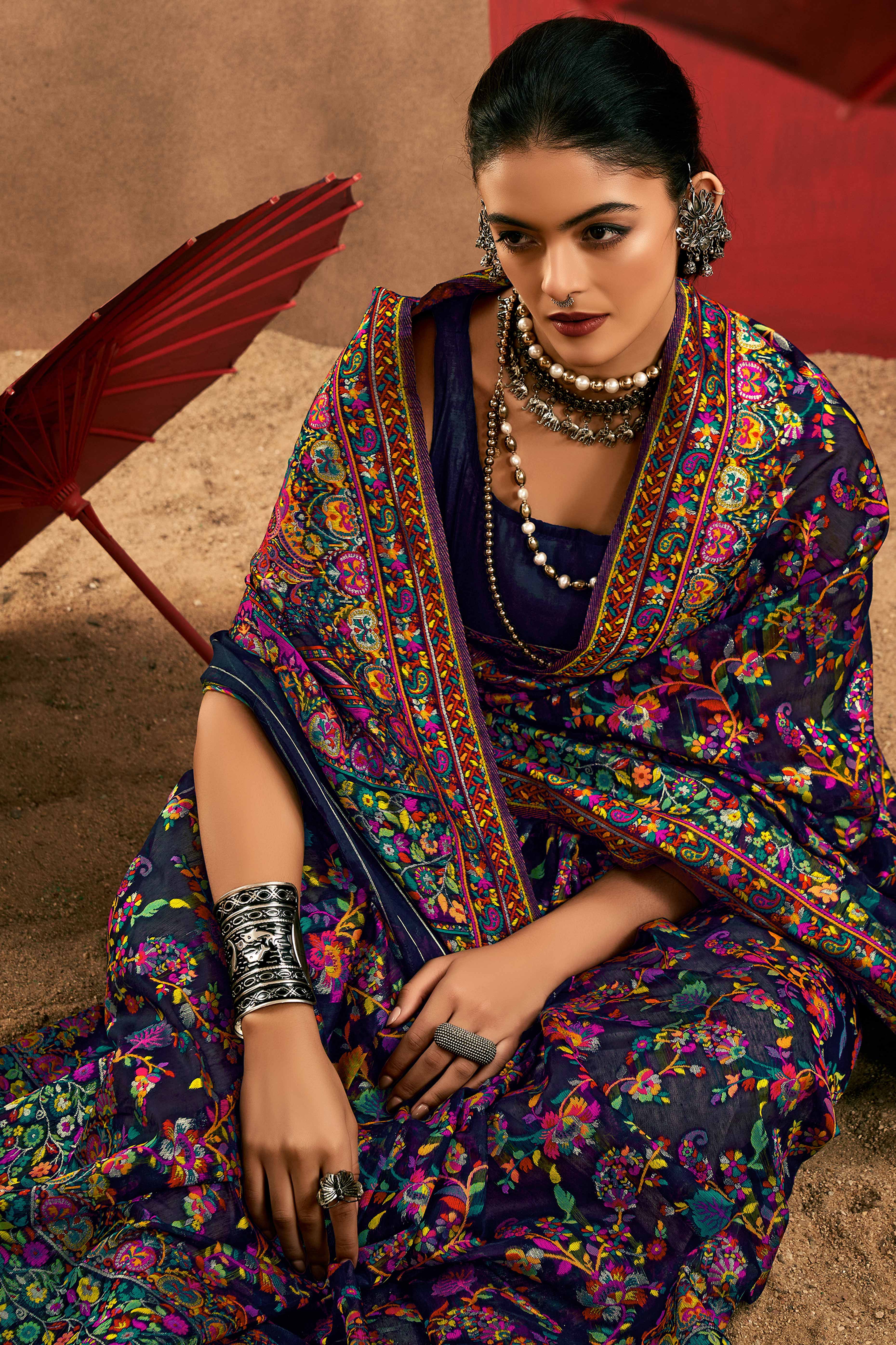Graceful Navy Blue Floral Weaving Pashmina Modal Cotton Blend Saree With Timeless Appeal - Image 5
