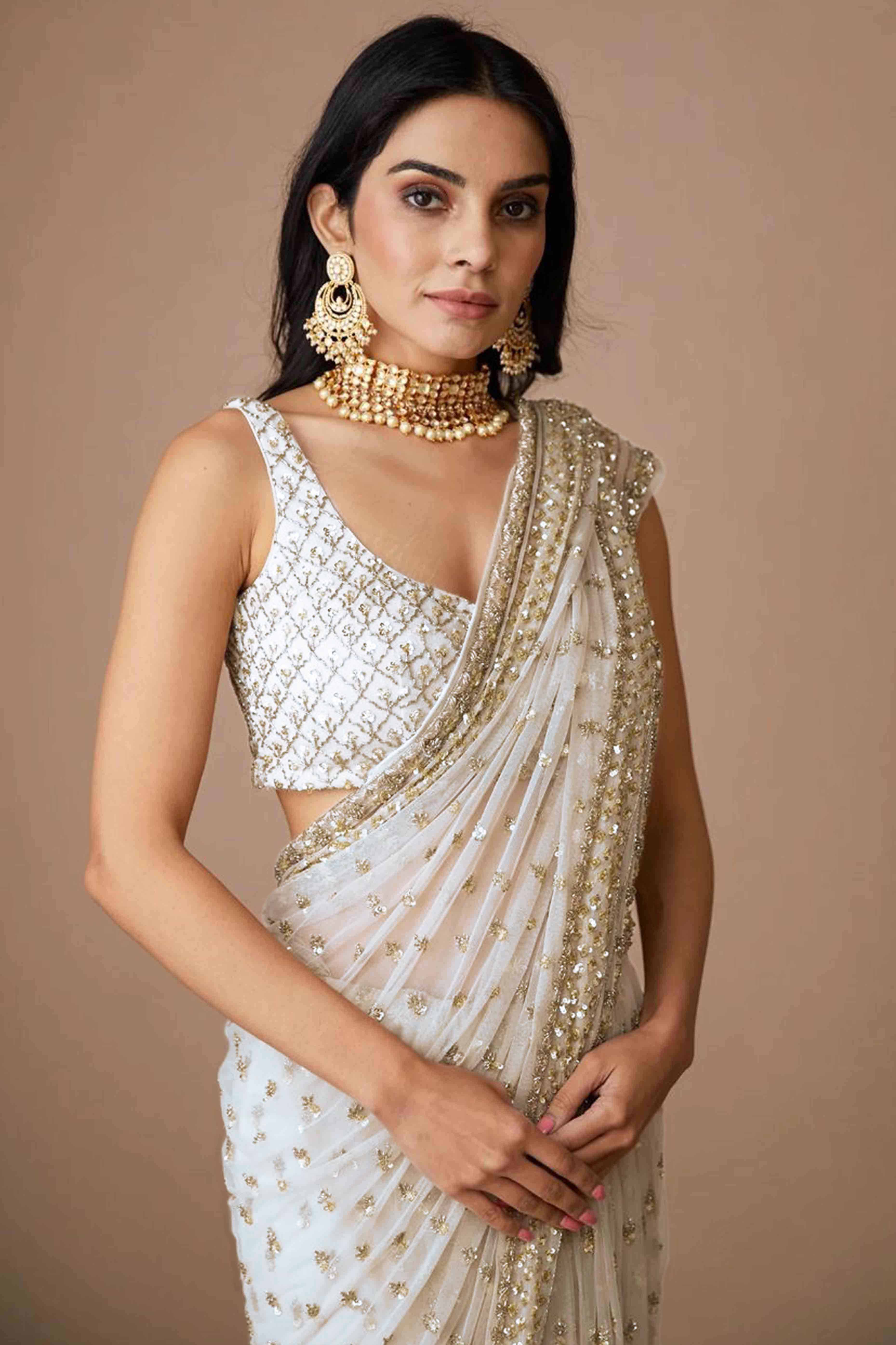 Graceful Off White Sequins Embellished Net Saree for Partywear - Image 4