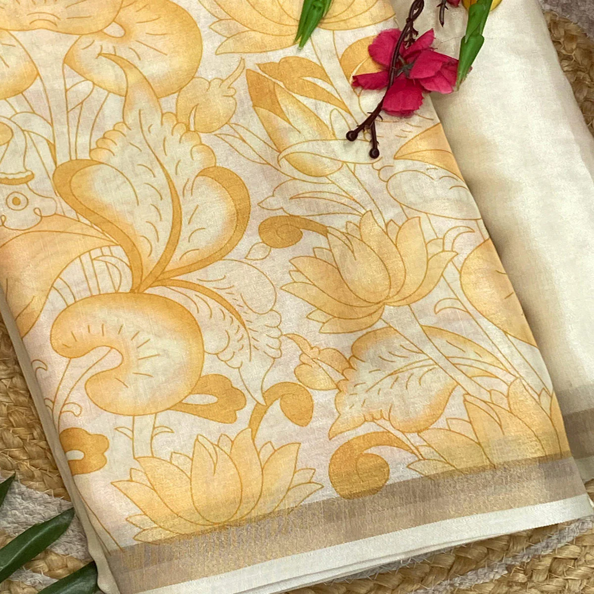 Graceful Off White Soft Tussar Cotton Silk Saree with Traditional Print - Image 2
