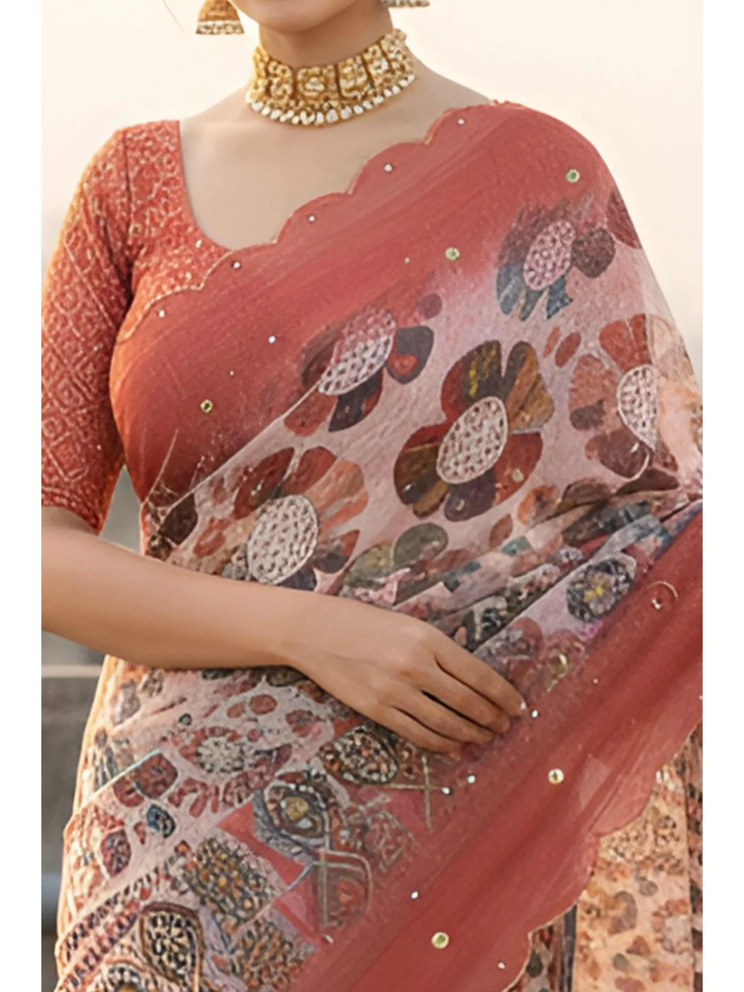 Graceful Offwhite Shimmer Saree Adorned with Floral Print and Delicate Beads Handwork - Image 2