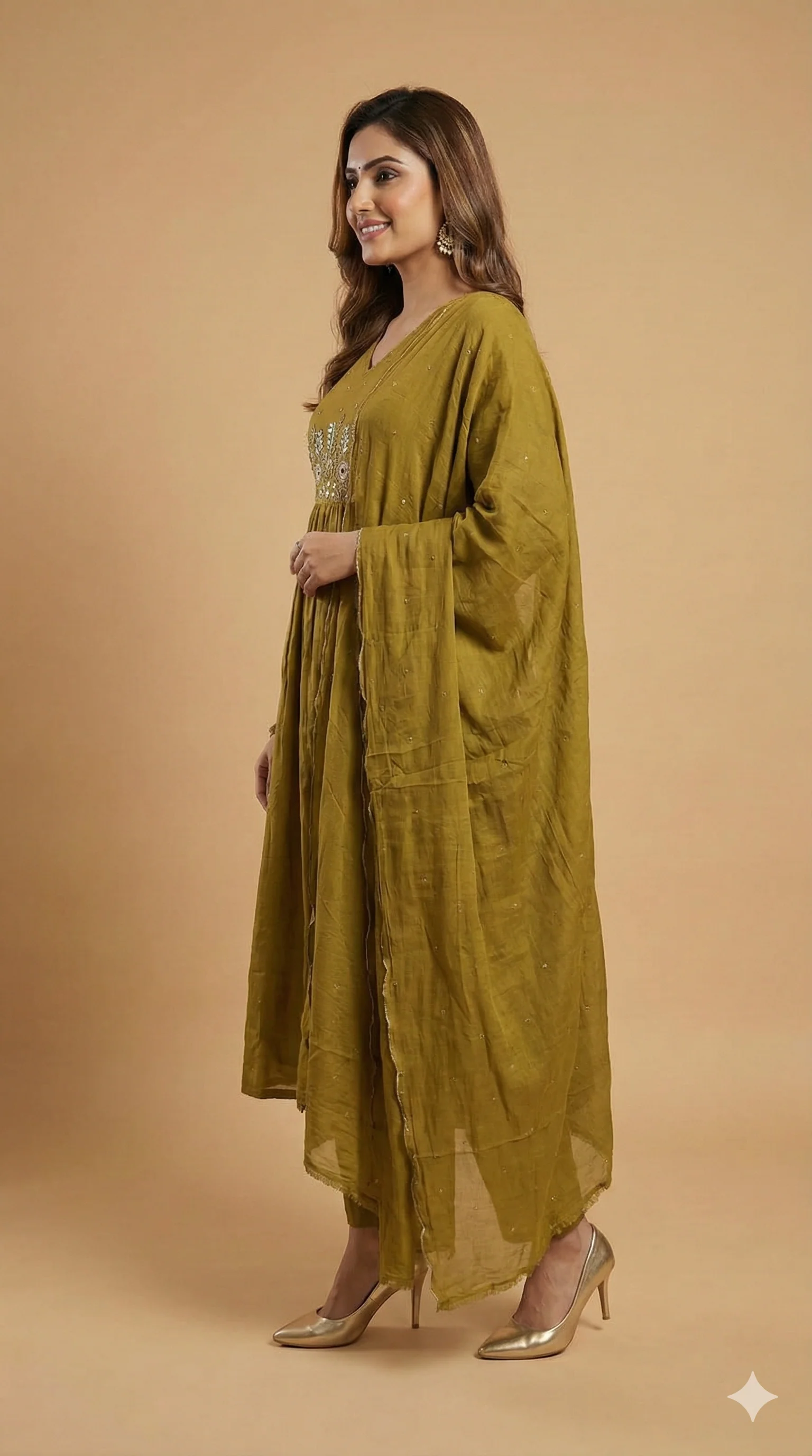 Graceful Olive Floral Embroidered Pure Cotton A-Line Salwar Suit for Ethnic Wear - Image 4