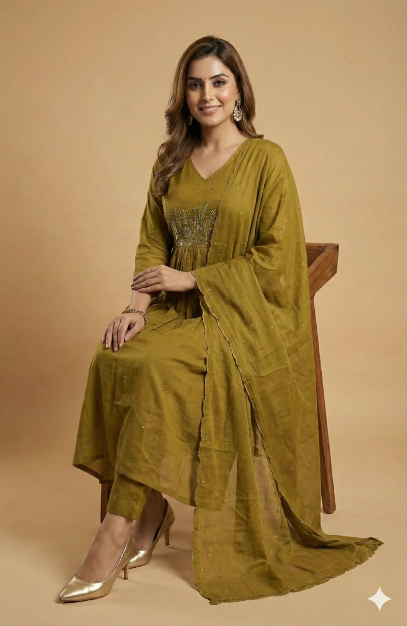 Graceful Olive Floral Embroidered Pure Cotton A-Line Salwar Suit for Ethnic Wear - Image 5