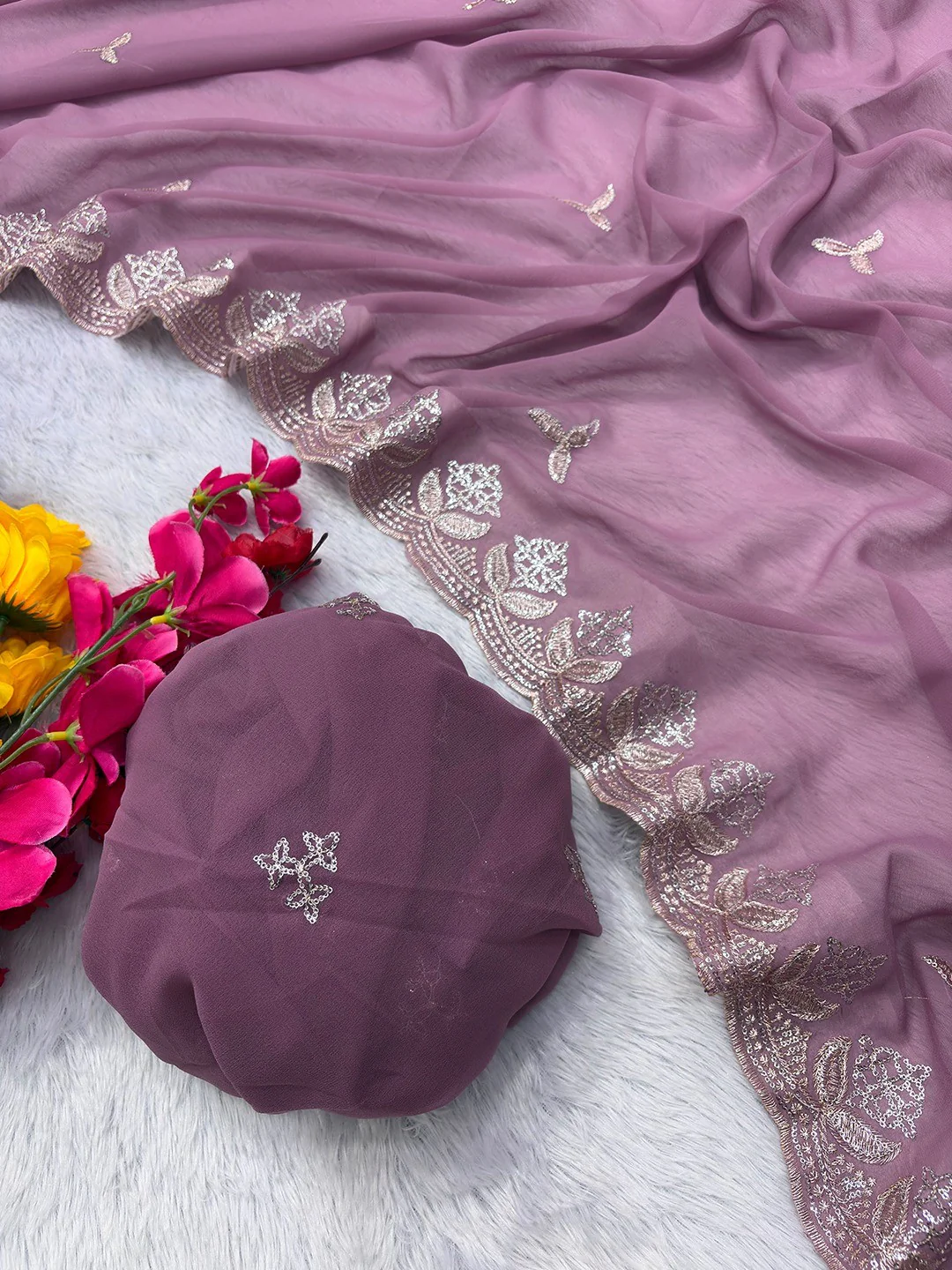 Graceful Onion Pink Georgette Saree Featuring Floral Zari Embroidery & Delicate Sequins Work - Image 3