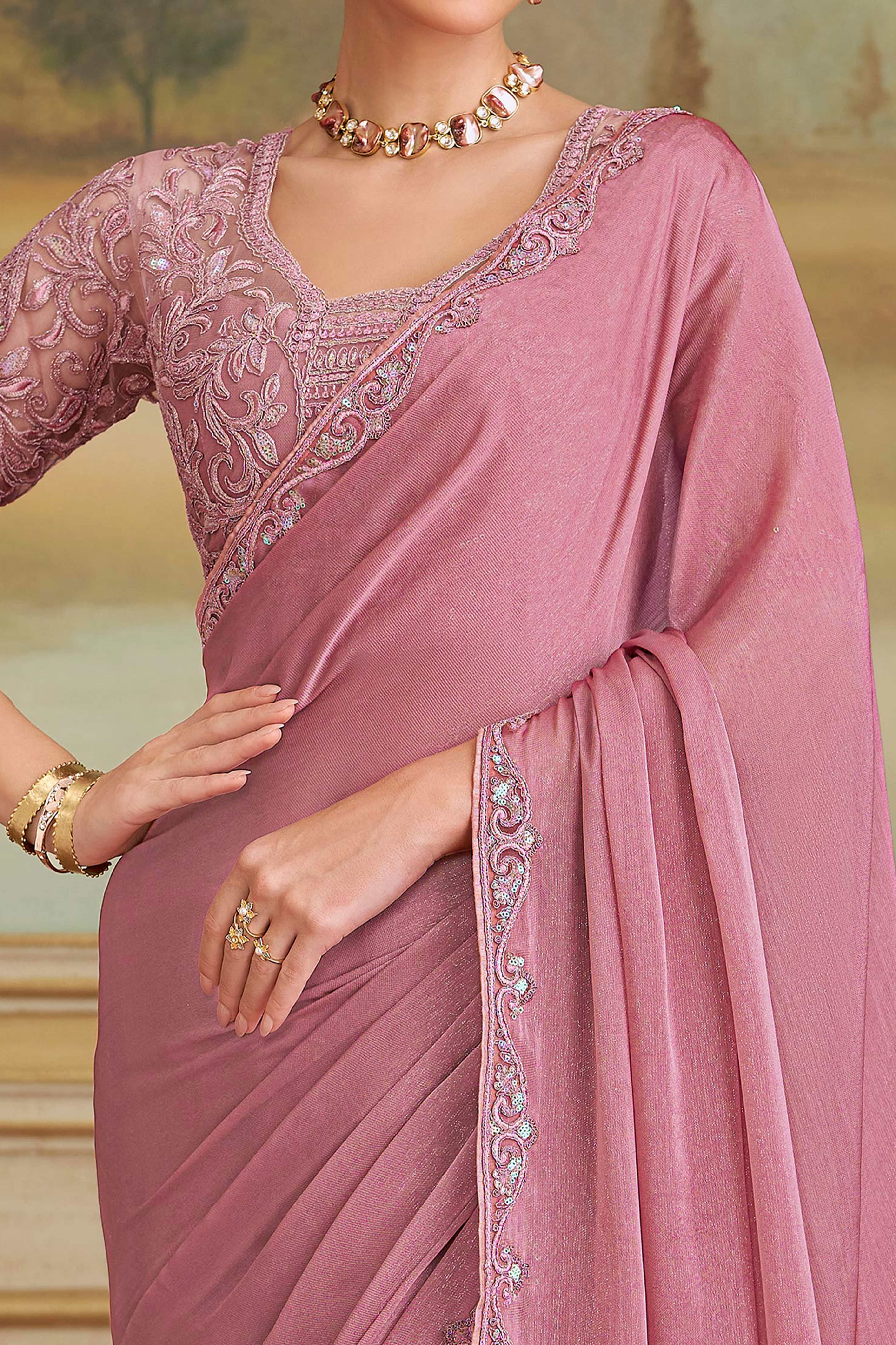 Graceful Onion Pink Sparkle Georgette Saree Adorned With Floral Sequins Embroidered Lace Border - Image 2