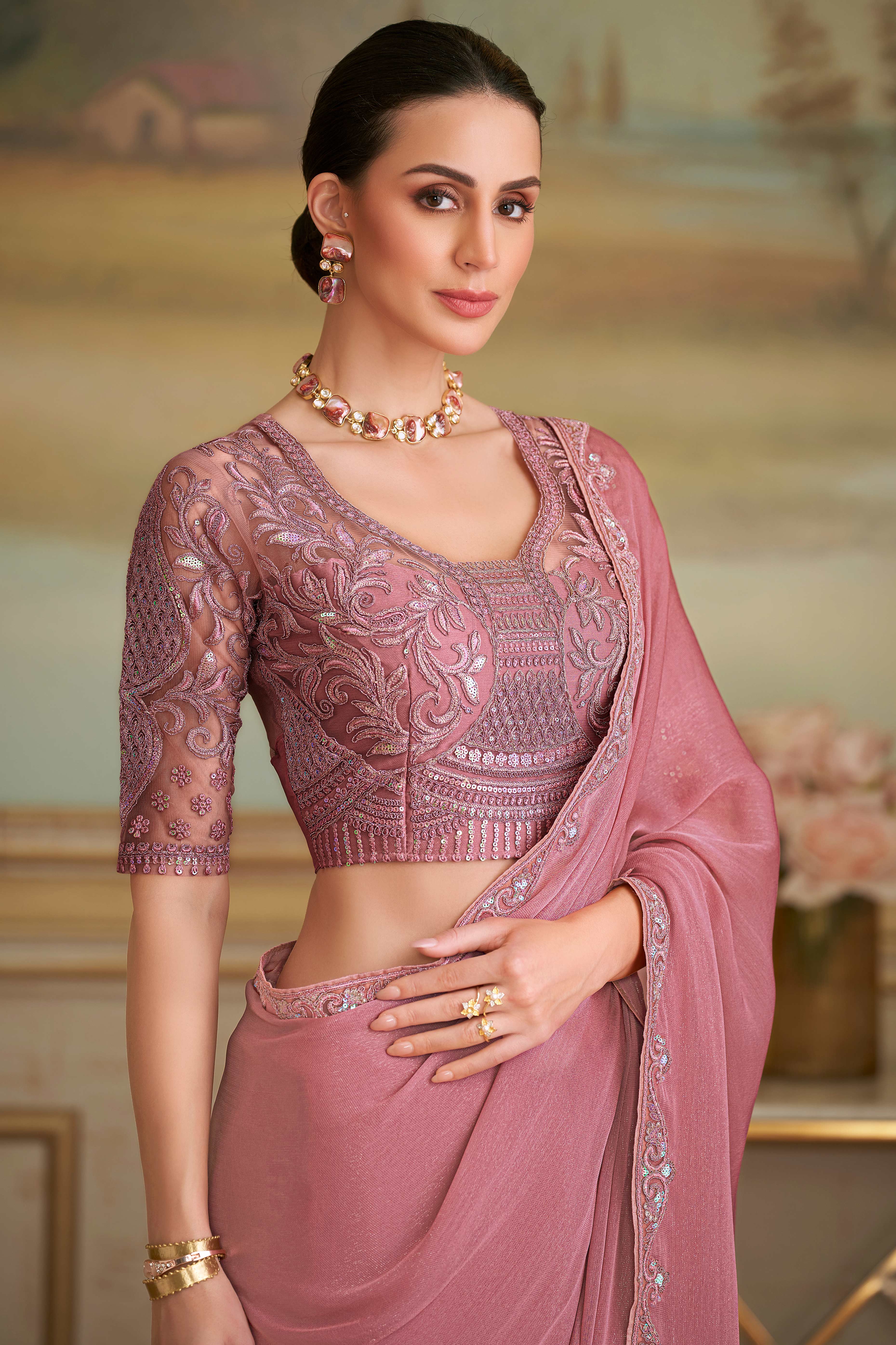 Graceful Onion Pink Sparkle Georgette Saree Adorned With Floral Sequins Embroidered Lace Border - Image 3