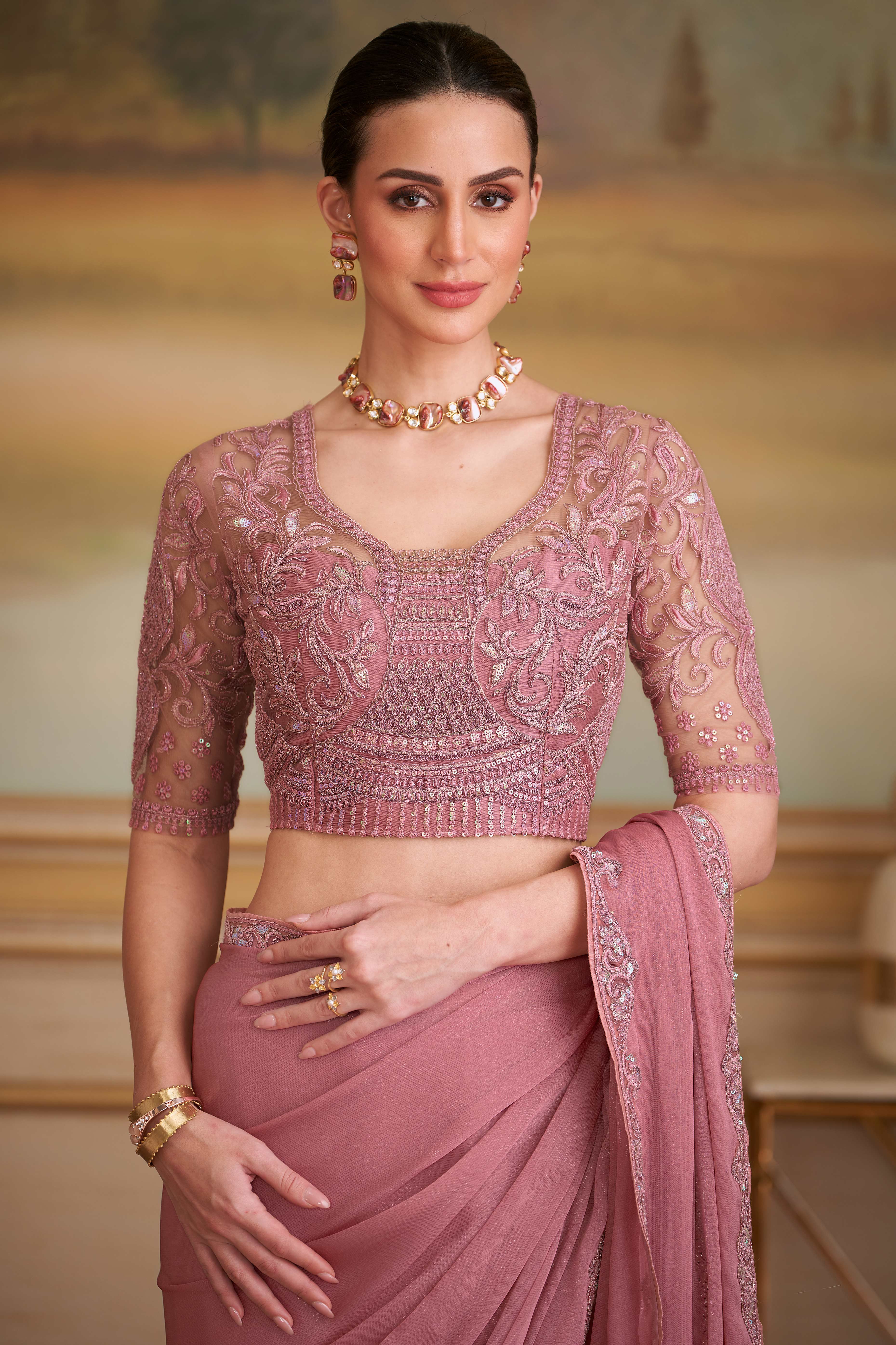 Graceful Onion Pink Sparkle Georgette Saree Adorned With Floral Sequins Embroidered Lace Border - Image 4