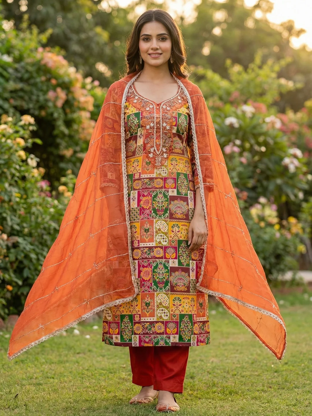 Graceful Orange Floral Weaving Viscose Banarasi Dress Material Adorned With Moti & Sequins Work