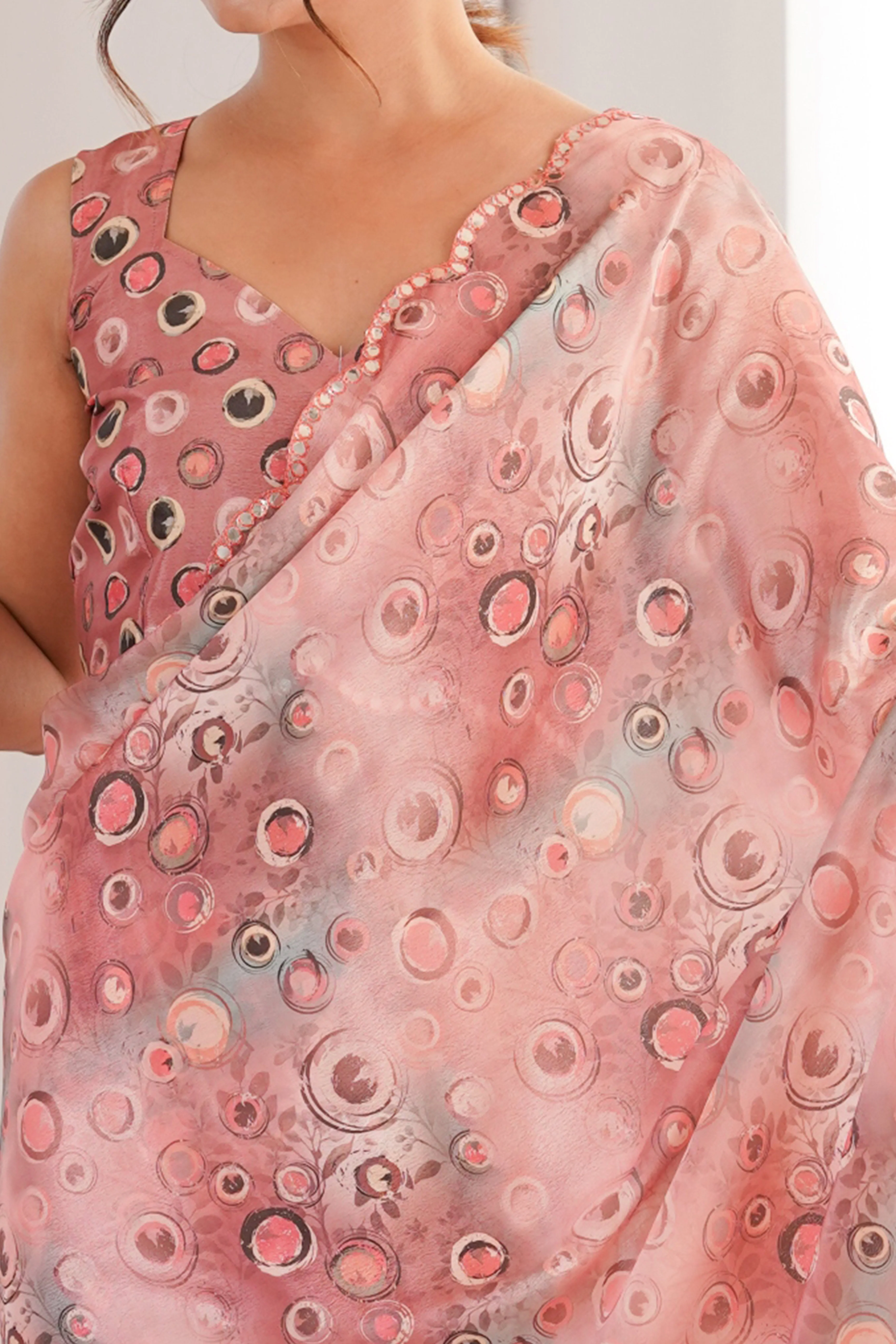 Graceful Pale Pink Digital Print Chinon Saree Featuring A Refined Embroidered Border - Image 2