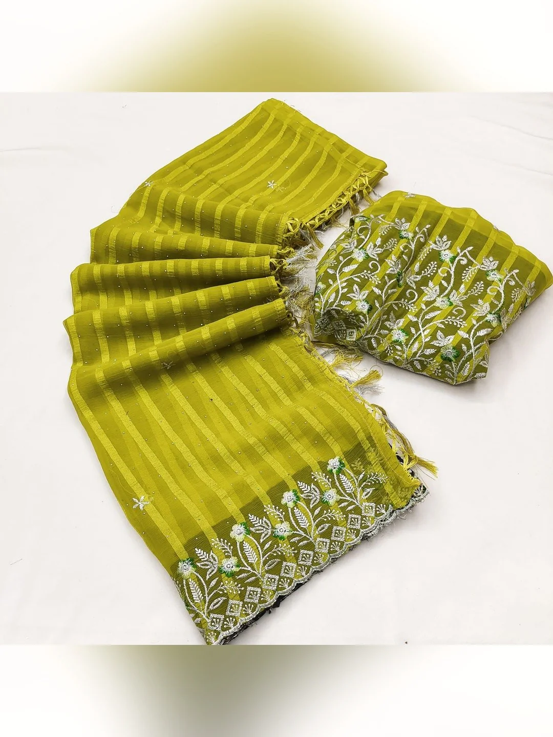 Graceful Parrot Green Floral Embroidery & Swarovski Work Chiffon Saree With Luxurious Tassel Pallu - Image 3