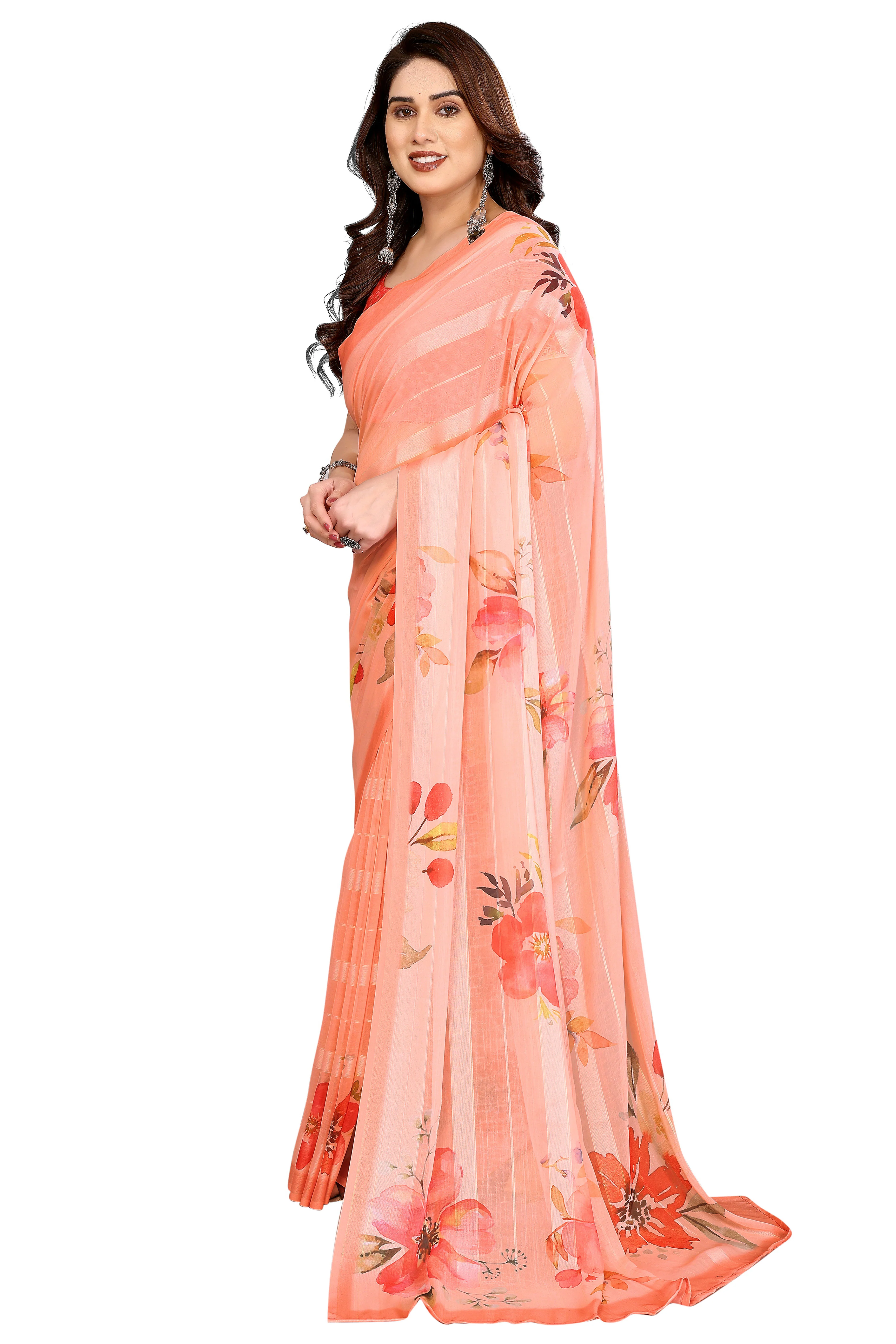 Graceful Peach Floral Digital Print Georgette Saree Featuring Zari Work & Vibrant Striped - Image 3