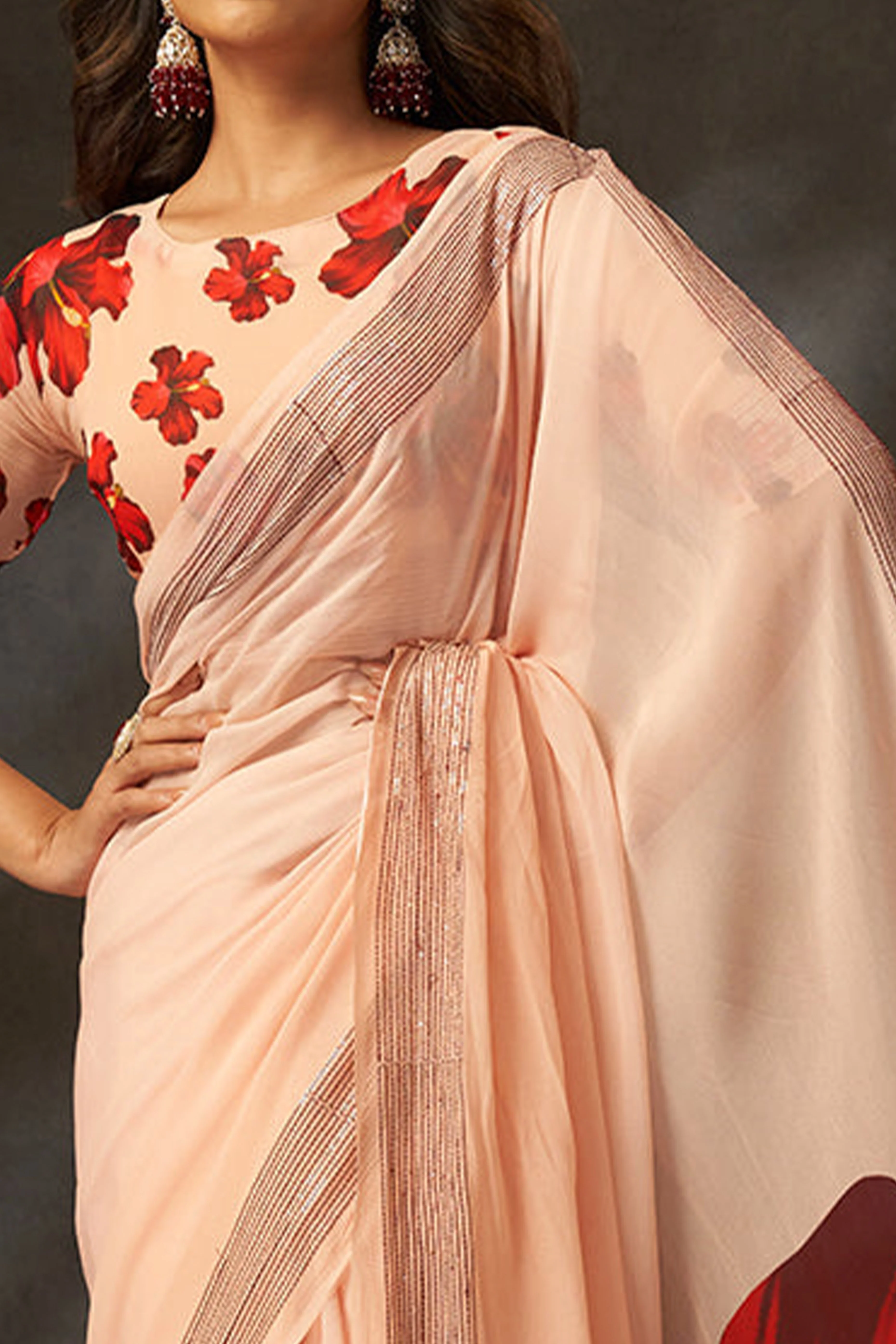 Graceful Peach Floral Digital Print Saree in Georgette With Artistic Crochet Border Work - Image 2