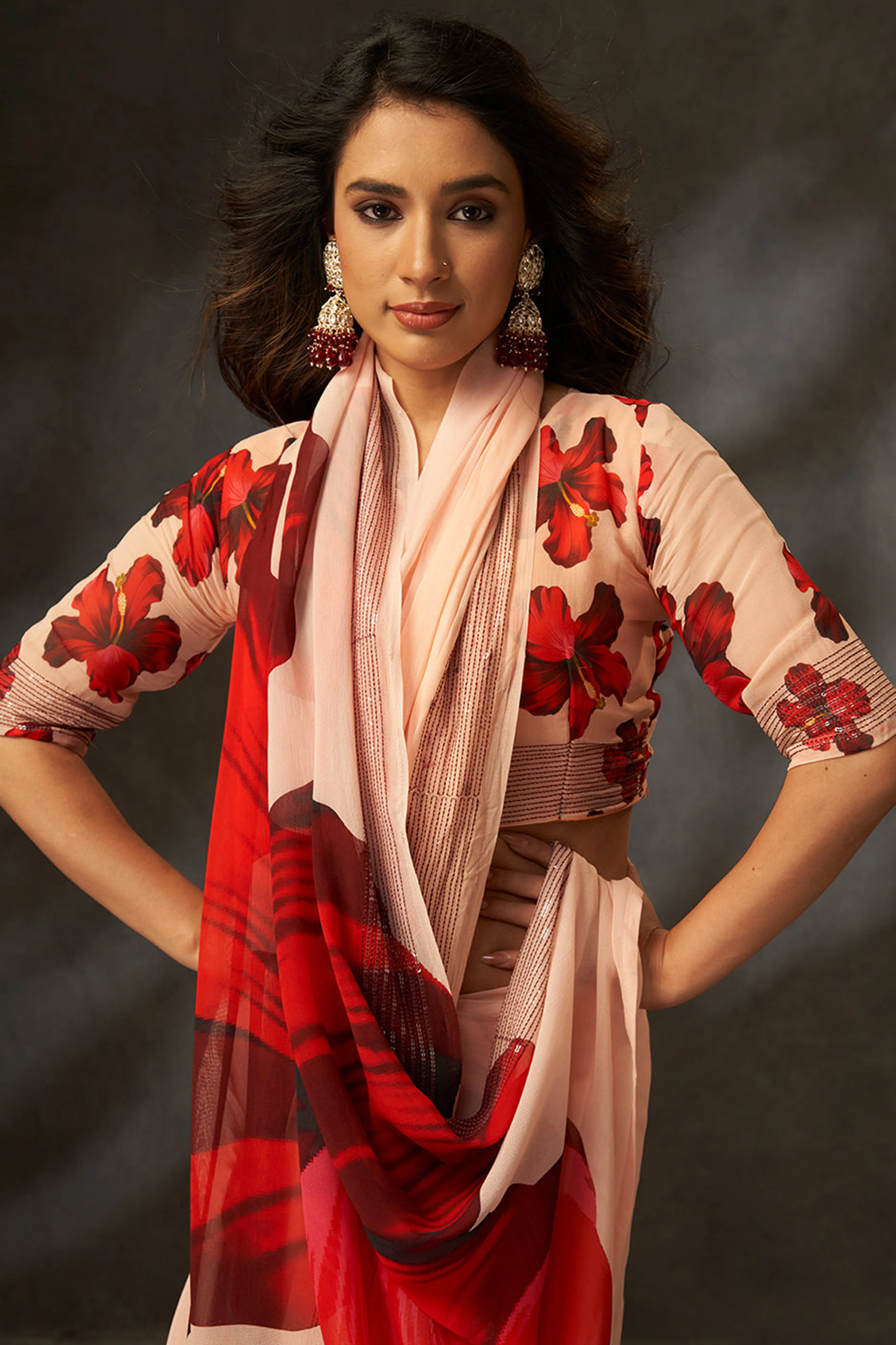 Graceful Peach Floral Digital Print Saree in Georgette With Artistic Crochet Border Work - Image 5