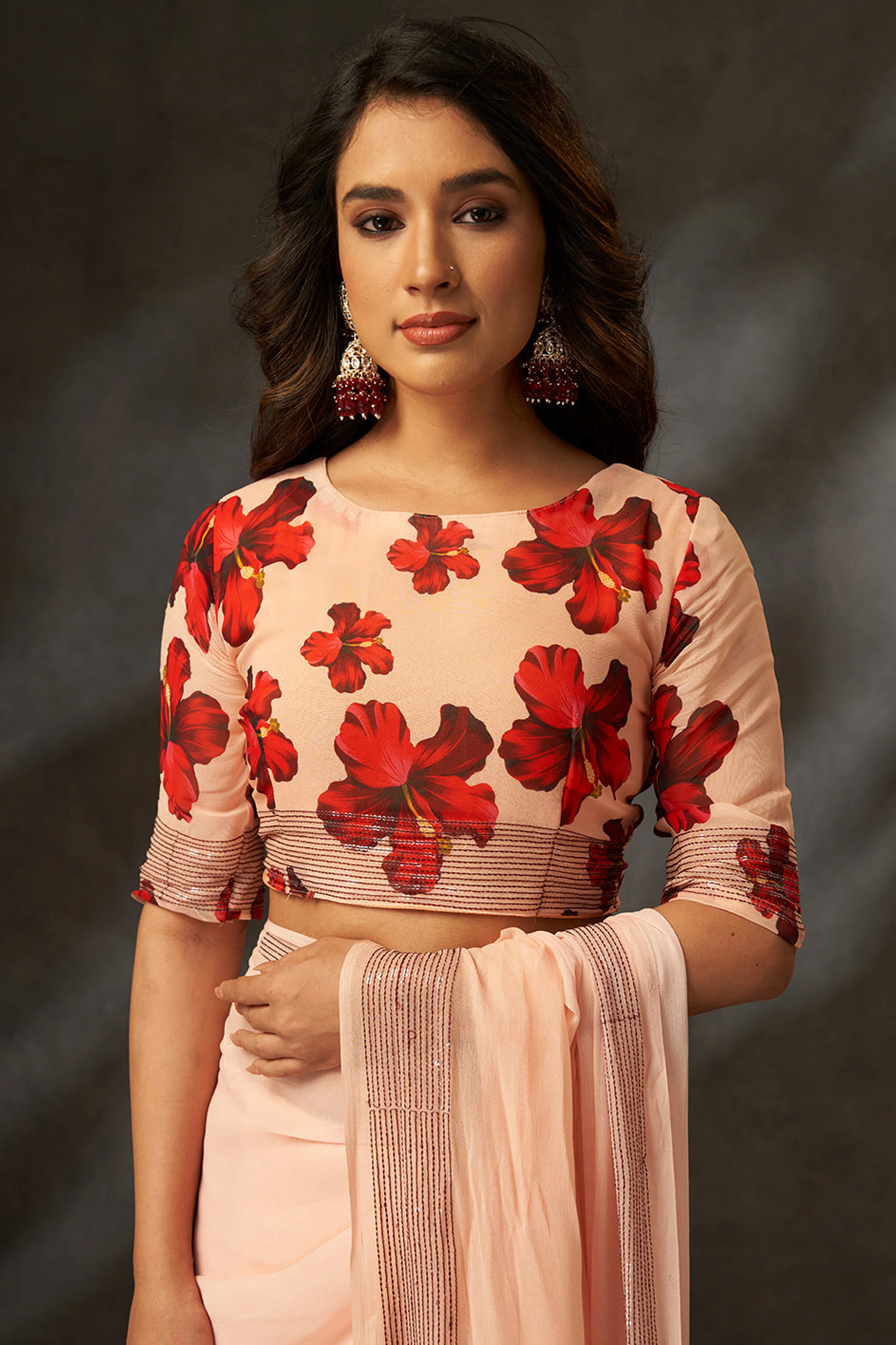 Graceful Peach Floral Digital Print Saree in Georgette With Artistic Crochet Border Work - Image 6