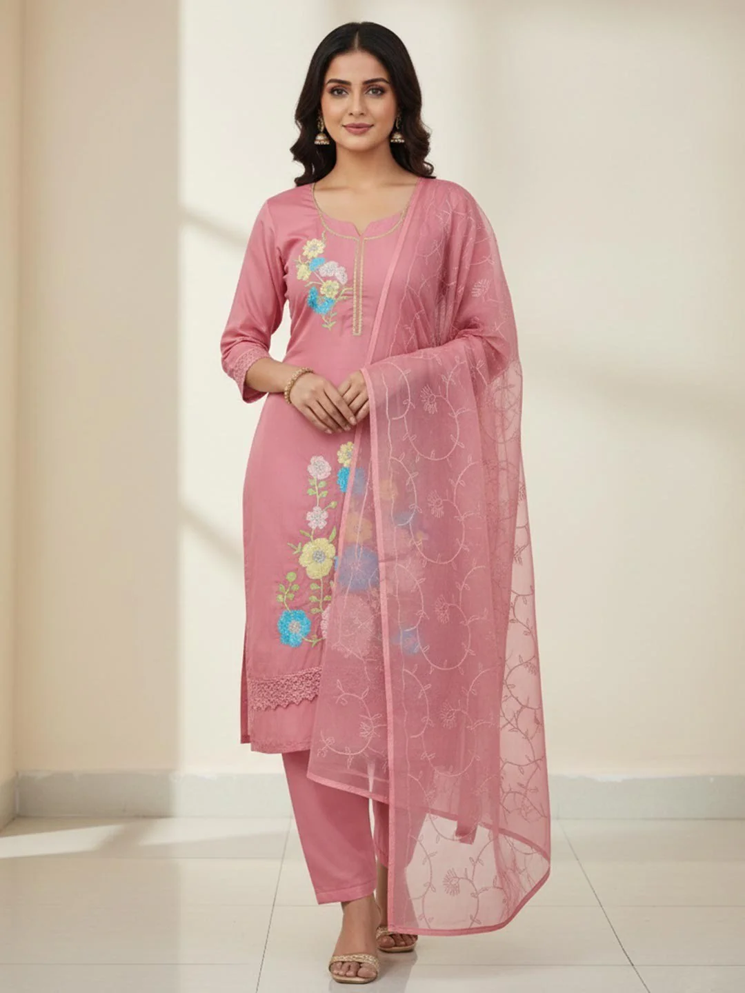 Graceful Peach Floral Embroidered Roman Art Silk Dress Material Adorned With Swarovski Work