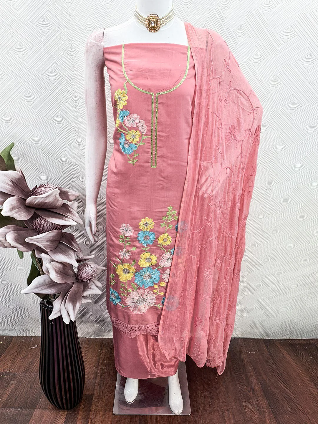 Graceful Peach Floral Embroidered Roman Art Silk Dress Material Adorned With Swarovski Work - Image 2