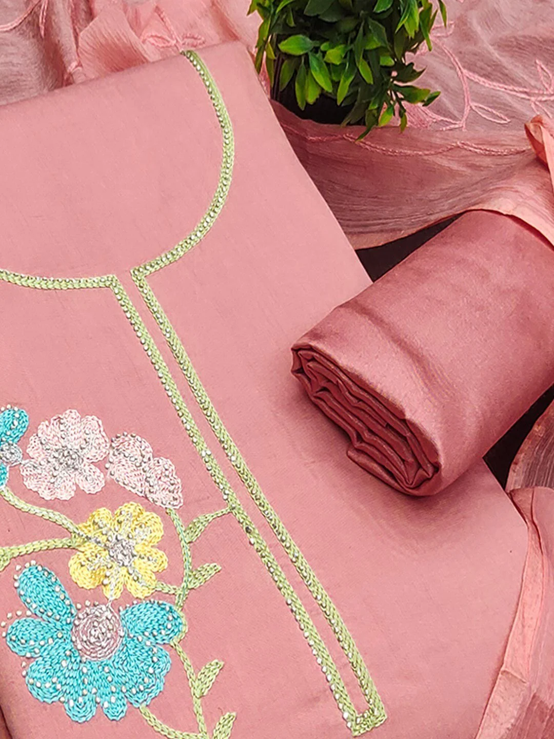 Graceful Peach Floral Embroidered Roman Art Silk Dress Material Adorned With Swarovski Work - Image 4