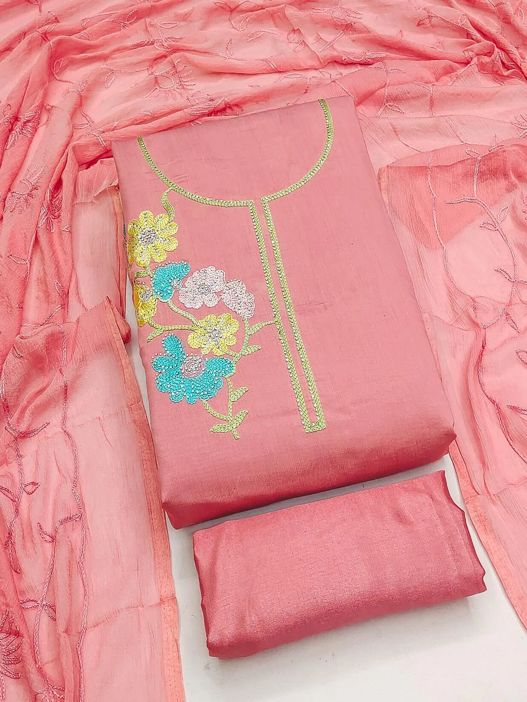 Graceful Peach Floral Embroidered Roman Art Silk Dress Material Adorned With Swarovski Work - Image 5