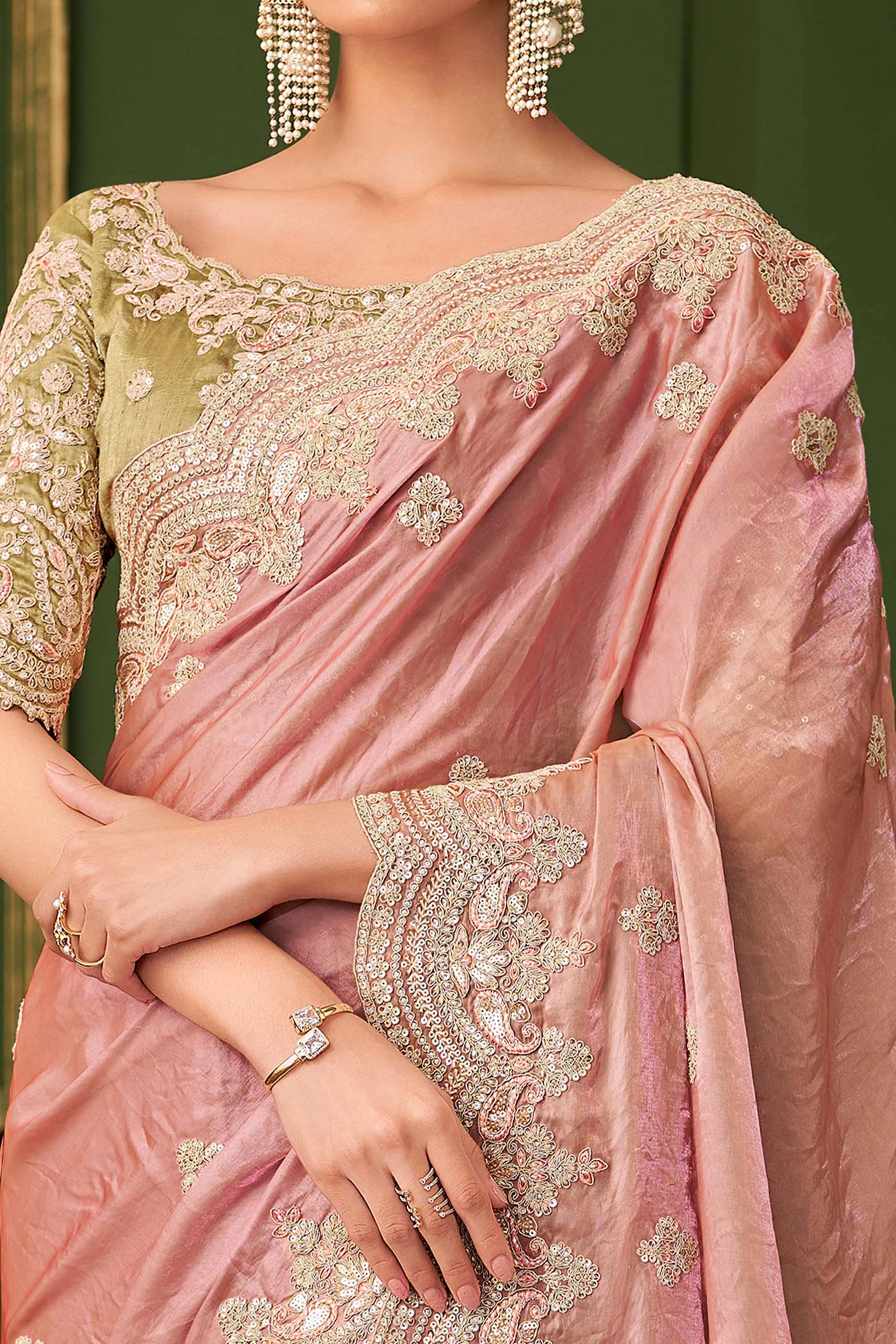 Graceful Peach Georgette Saree Adorned With Floral Cording Sequins Embroidery & Cutwork Border - Image 2