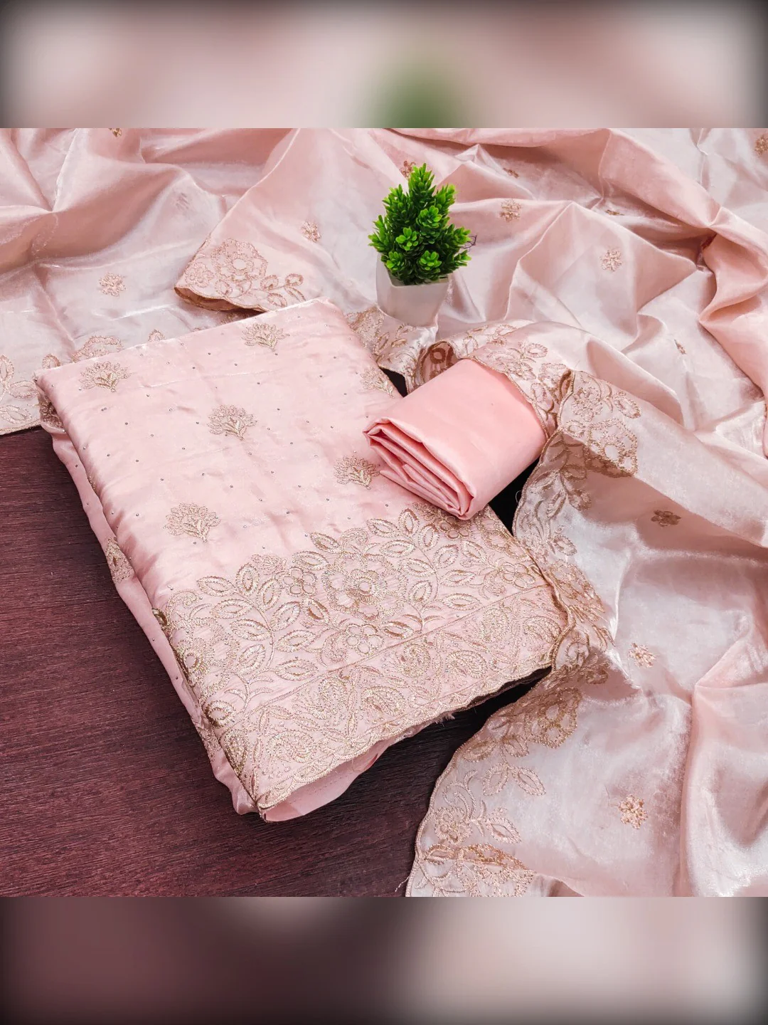 Graceful Peach Jimmy Choo Silk Blend Dress Material Featuring Floral Embroidery & Swarovski Work - Image 5